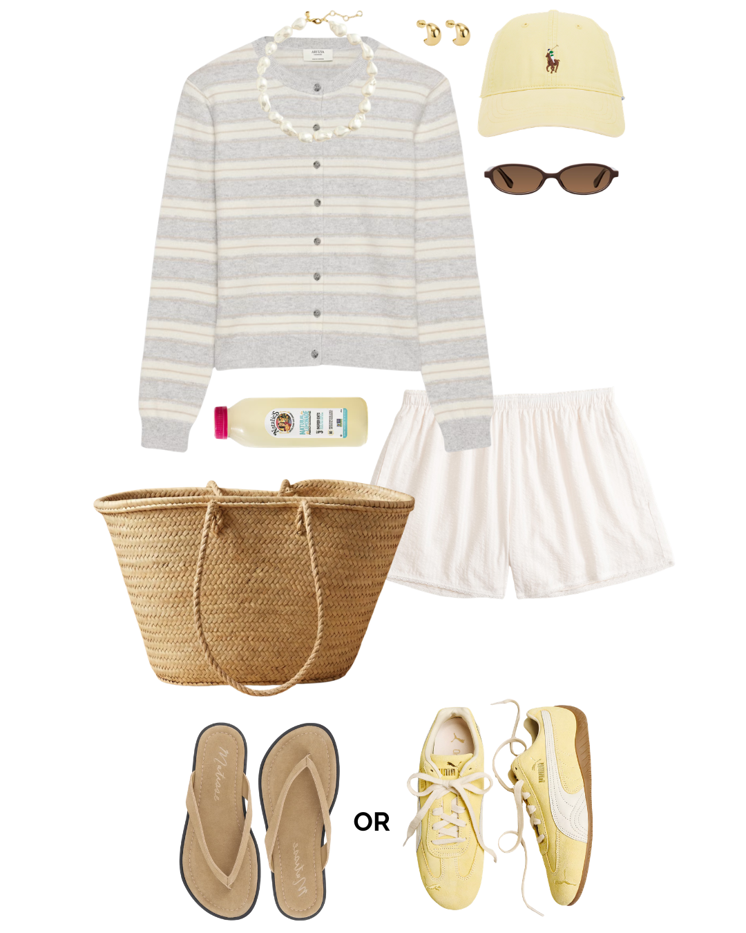 Girl's summer outfit including a striped cardigan, white shorts, yellow baseball cap with a polo logo, black sunglasses, pearl necklace, gold earrings, bottled drink, woven straw tote bag, beige flip-flops, and yellow sneakers.