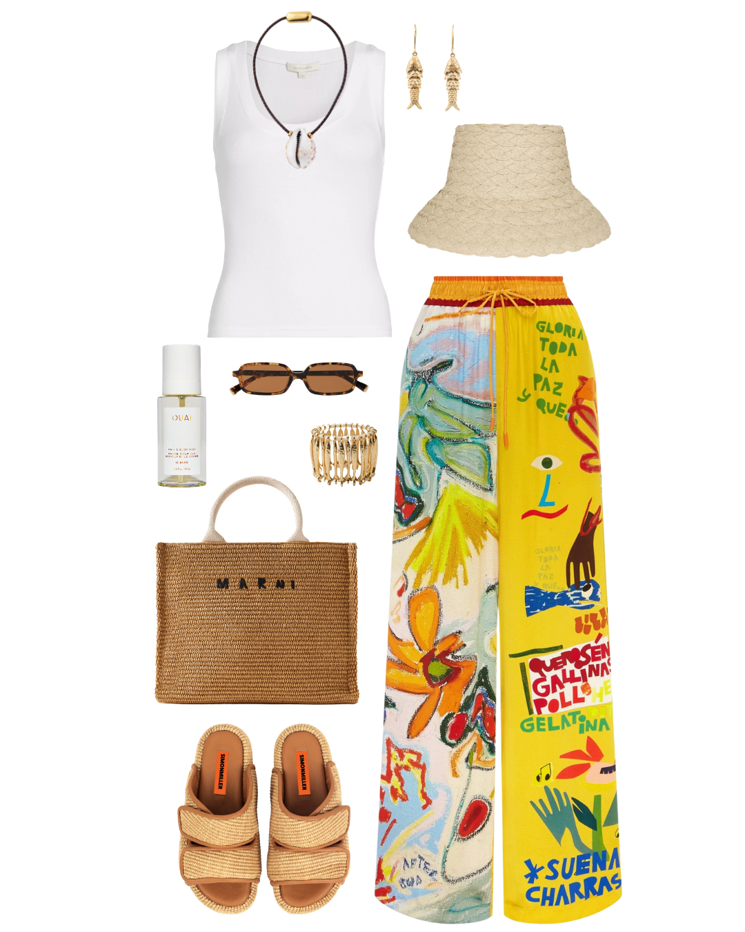 Summer outfit including a white sleeveless top, colorful patterned wide-leg pants, a beige woven hat, straw sandals, sunglasses, gold jewelry, a straw bag, a shell necklace, earrings, and a small bottle of perfume.