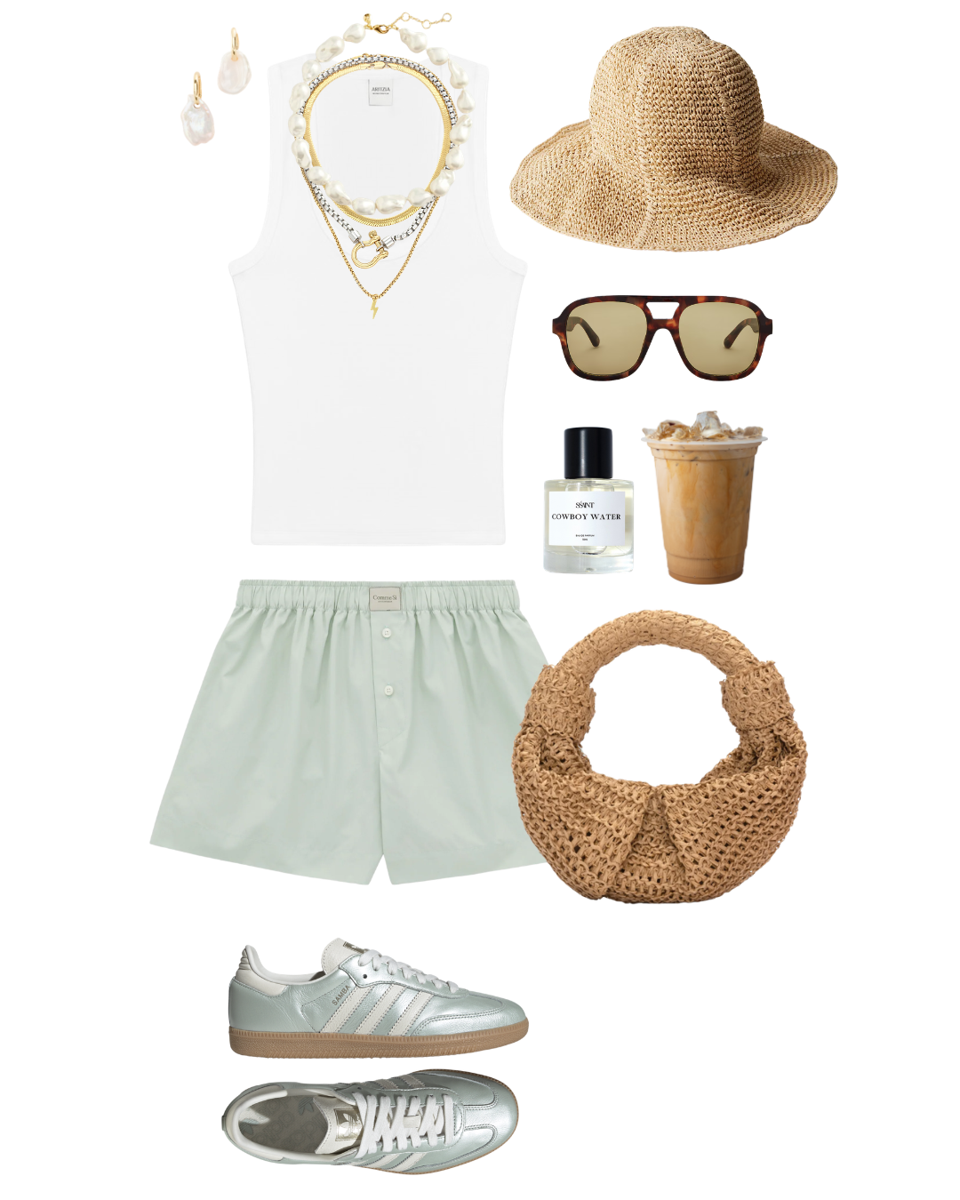 Summer casual outfit with a straw sun hat, tortoise shell sunglasses, pearl and gold jewelry, white tank top, light green shorts, woven handbag, silver sneakers, bottle of perfume, and iced coffee.