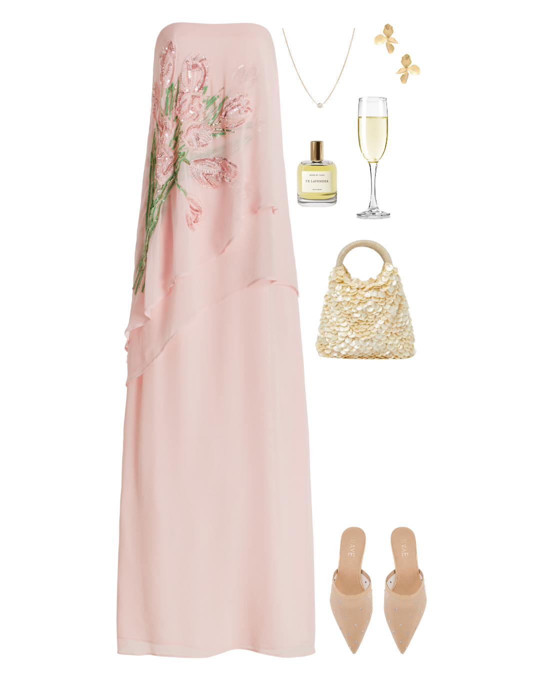 A pink floral embroidered evening gown accessorized with gold jewelry, a cream handbag, beige heels, champagne, a perfume bottle, and golden earrings.
