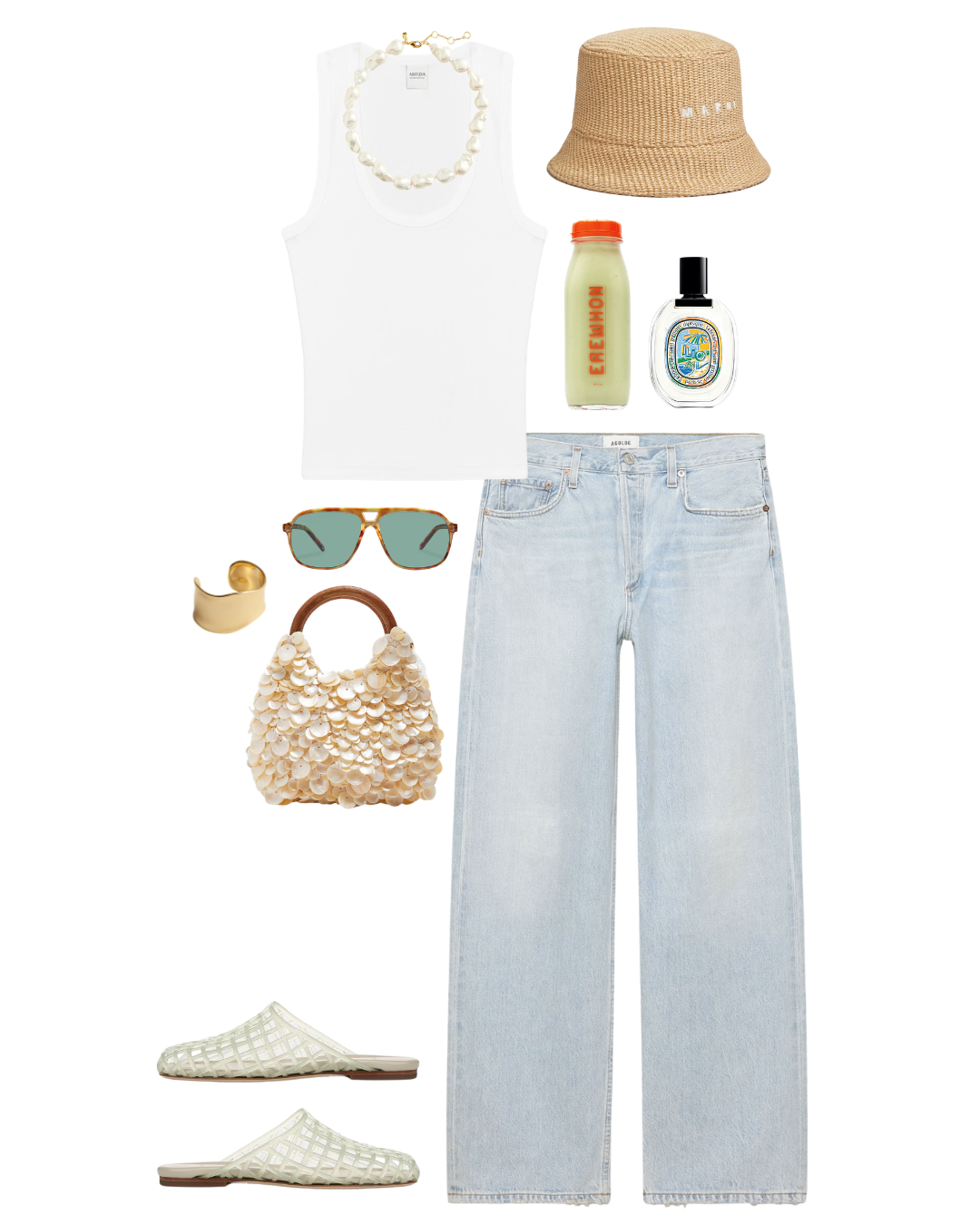 Casual summer outfit with white tank top, light wash wide-leg jeans, woven hat, shell necklace, sunglasses, shell bag, beige woven slip-on sandals, gold cuff bracelet, bottles of beverage and perfume.