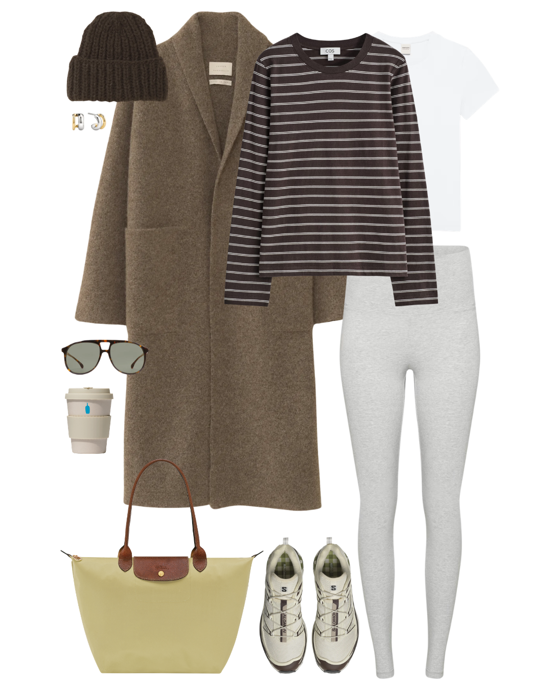 Casual fall outfit ensemble including a brown knit beanie, gold hoop earrings, a beige coat, striped long-sleeve shirt, light gray leggings, white T-shirt, sneakers, sunglasses, coffee cup, and a yellow handbag.