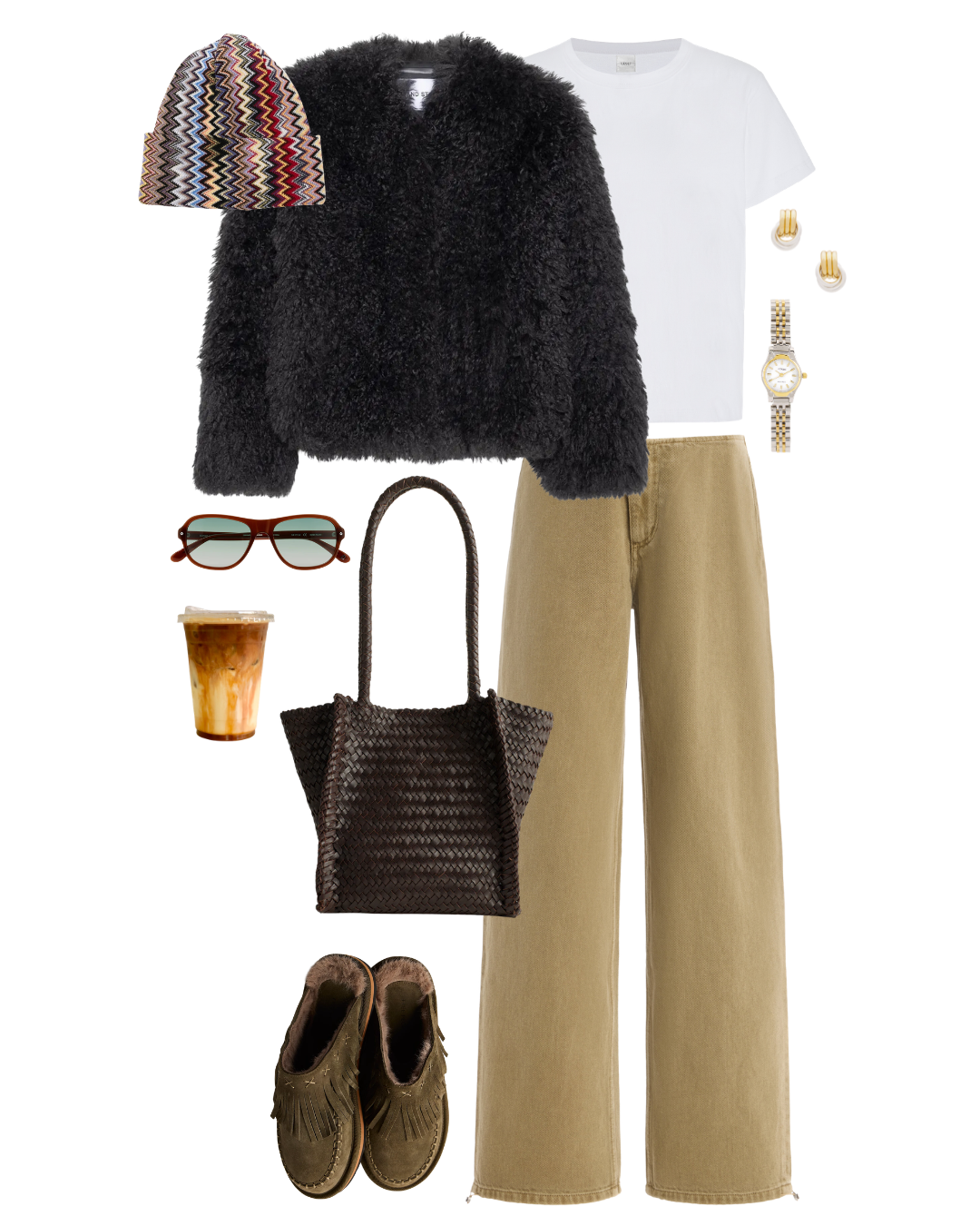 Casual fall outfit including a multicolored zigzag beanie, black fuzzy jacket, white t-shirt, beige wide-leg jeans, brown ankle boots with fringe, brown sunglasses, a brown woven tote bag, gold jewelry, a watch, and a coffee drink.