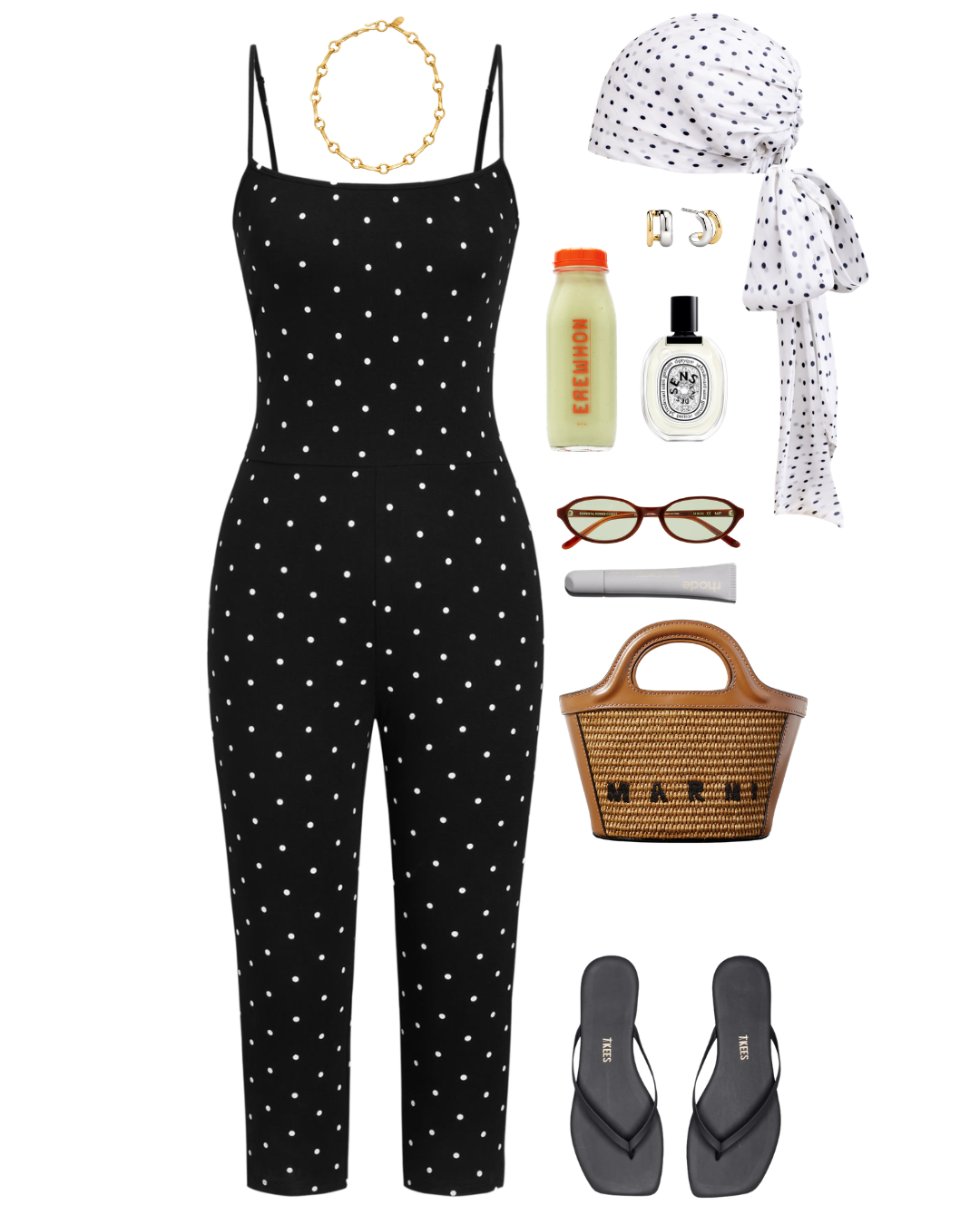 A flat lay of a black polka dot jumpsuit with accessories and essentials: a gold chain necklace, polka dot headscarf, hoop earrings, scented spray, wallet, sunglasses, lip balm, perfume, water bottle, and black sandals.