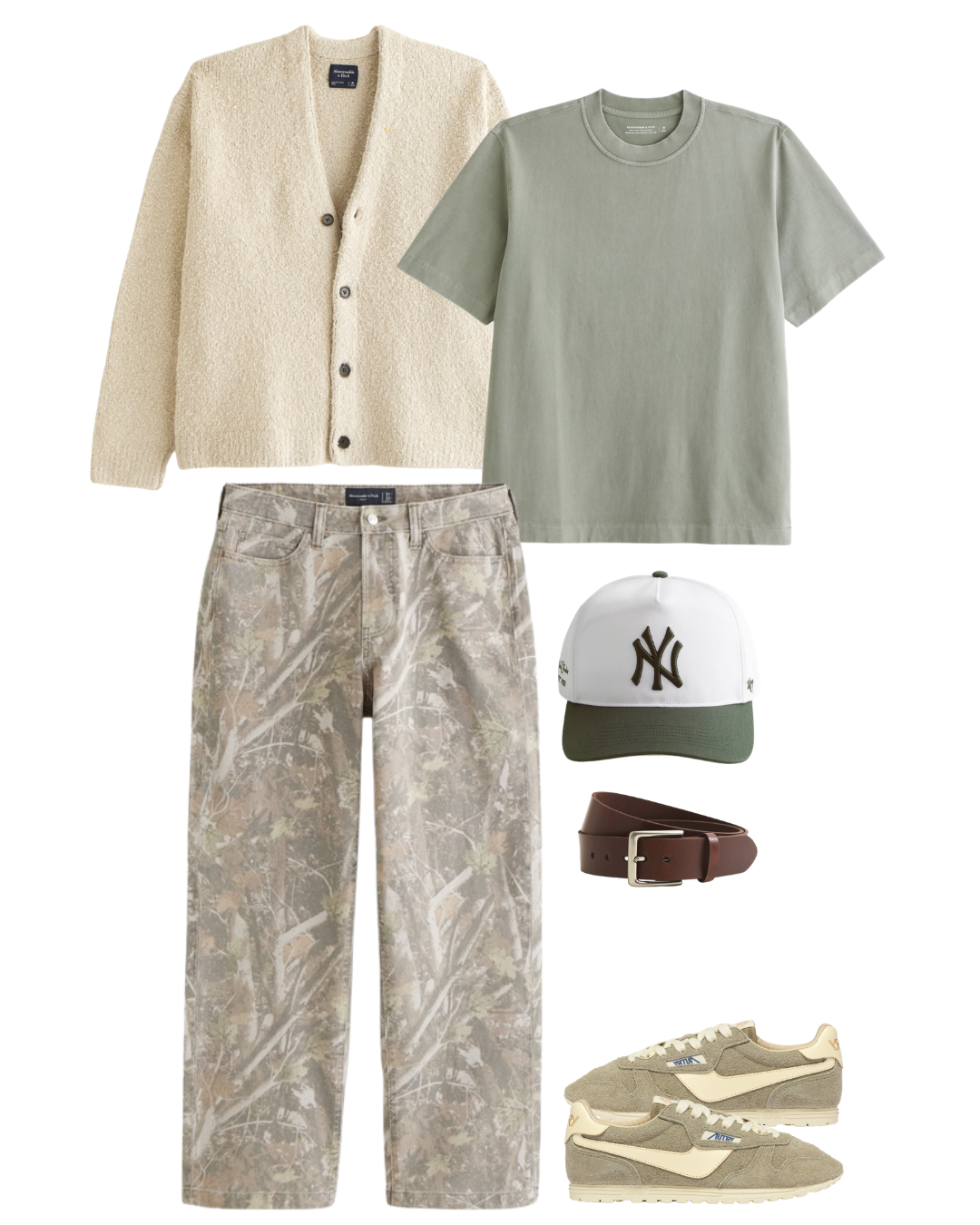 Casual outfit featuring a cream cardigan, sage green T-shirt, camouflage pants, a white and green baseball cap with NY logo, brown belt, and beige sneakers.
