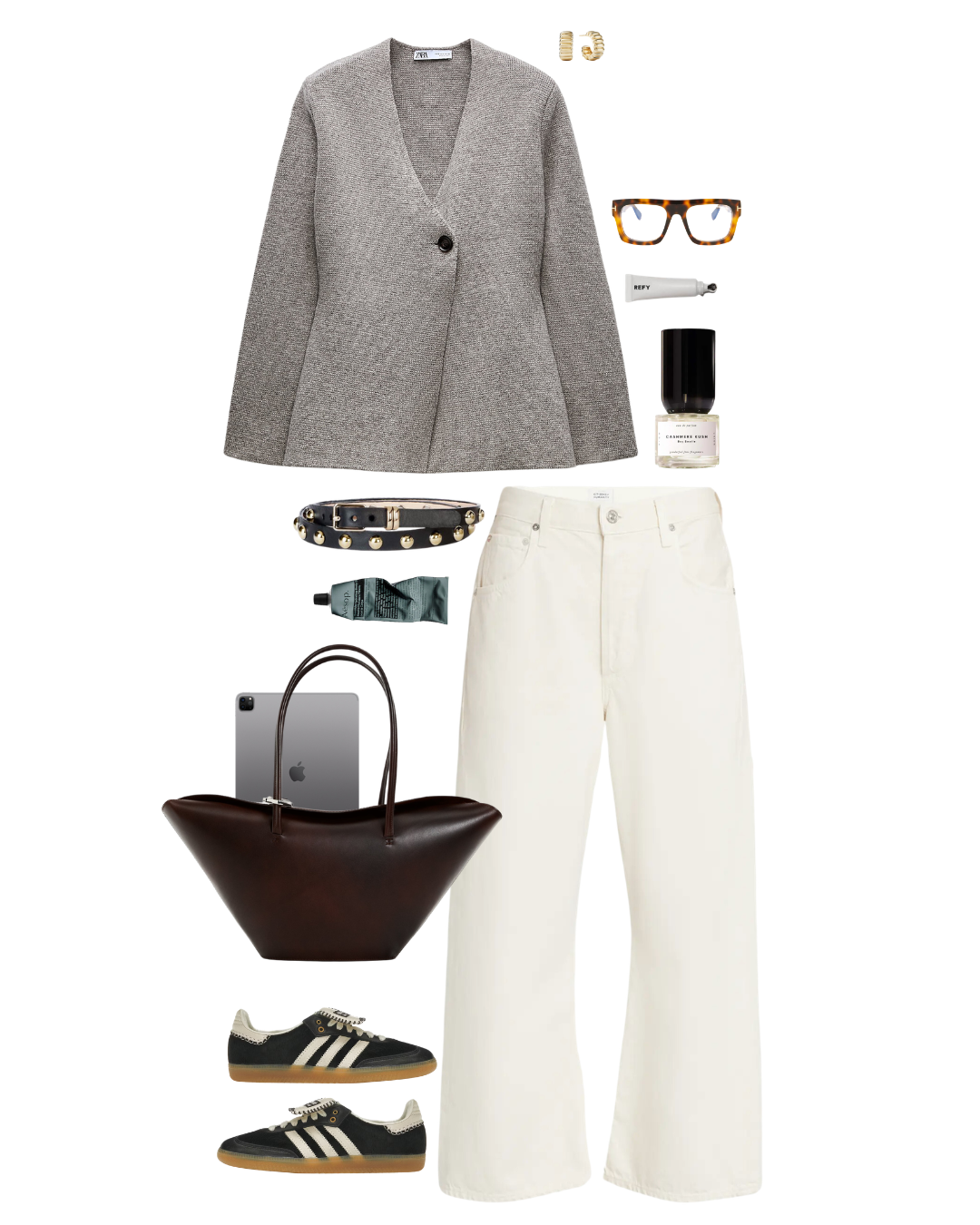 Gray blazer, gold hoop earrings, tortoise shell glasses, hand cream, nail polish, black belt with gold studs, tube of cream, white jeans, brown handbag, iPad, black and white sneakers, and skincare products.