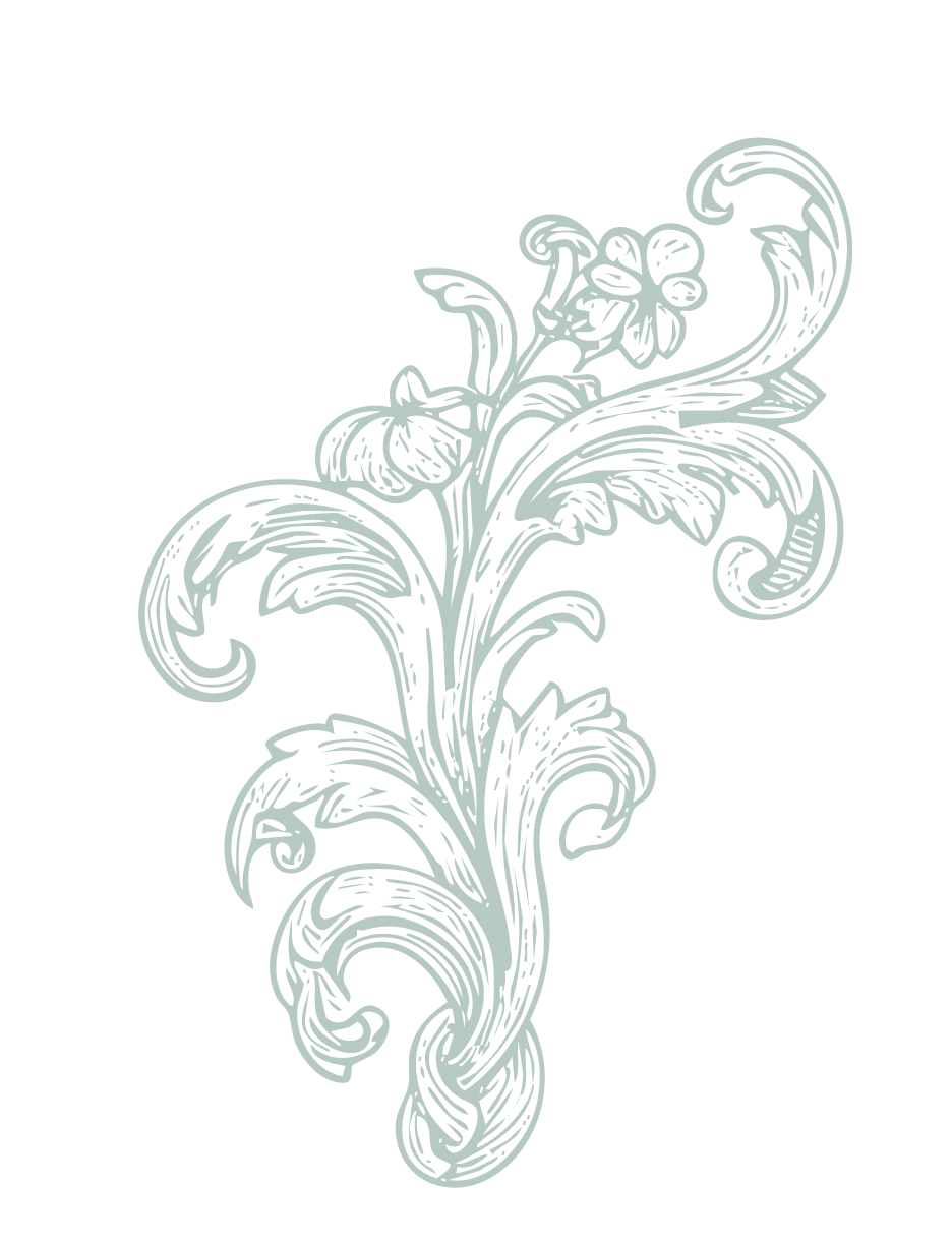 Decorative black and white floral design with intricate swirling leaves and petals.