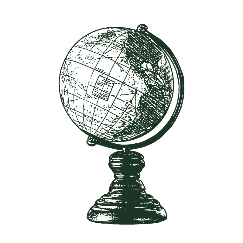 A vintage-style illustration of a globe on a stand, showing continents and longitude and latitude lines.