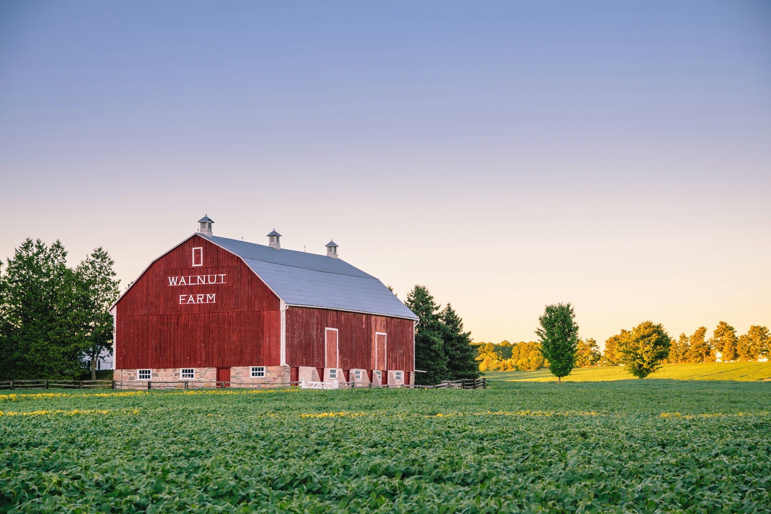 A red barn with the words 'Walnut Farm' painted on it, surrounded by green trees and a field, with a clear sky at sunset.
