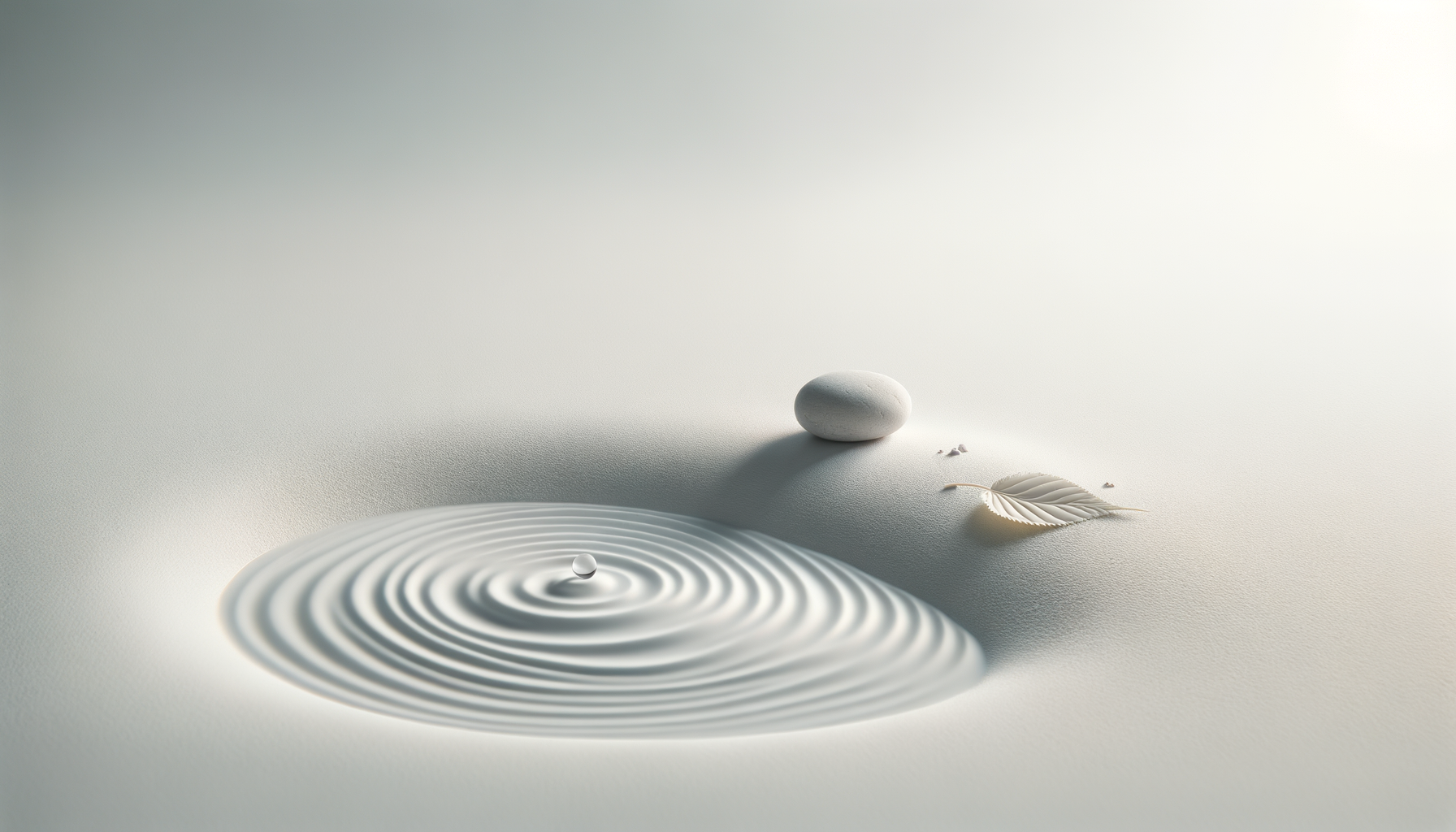 Minimalist scene with a smooth white pebble, a delicate white leaf, and ripples on a white surface resembling water.