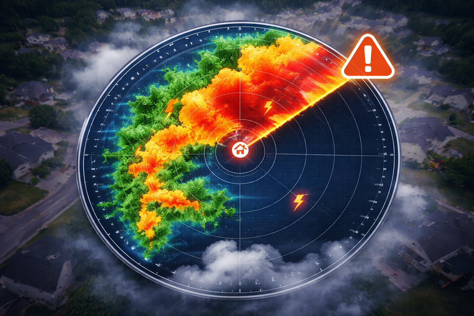 Radar screen showing a thunderstorm with red, orange, yellow, and green areas indicating storm intensity, warning icons, and an alert symbol over a residential neighborhood.