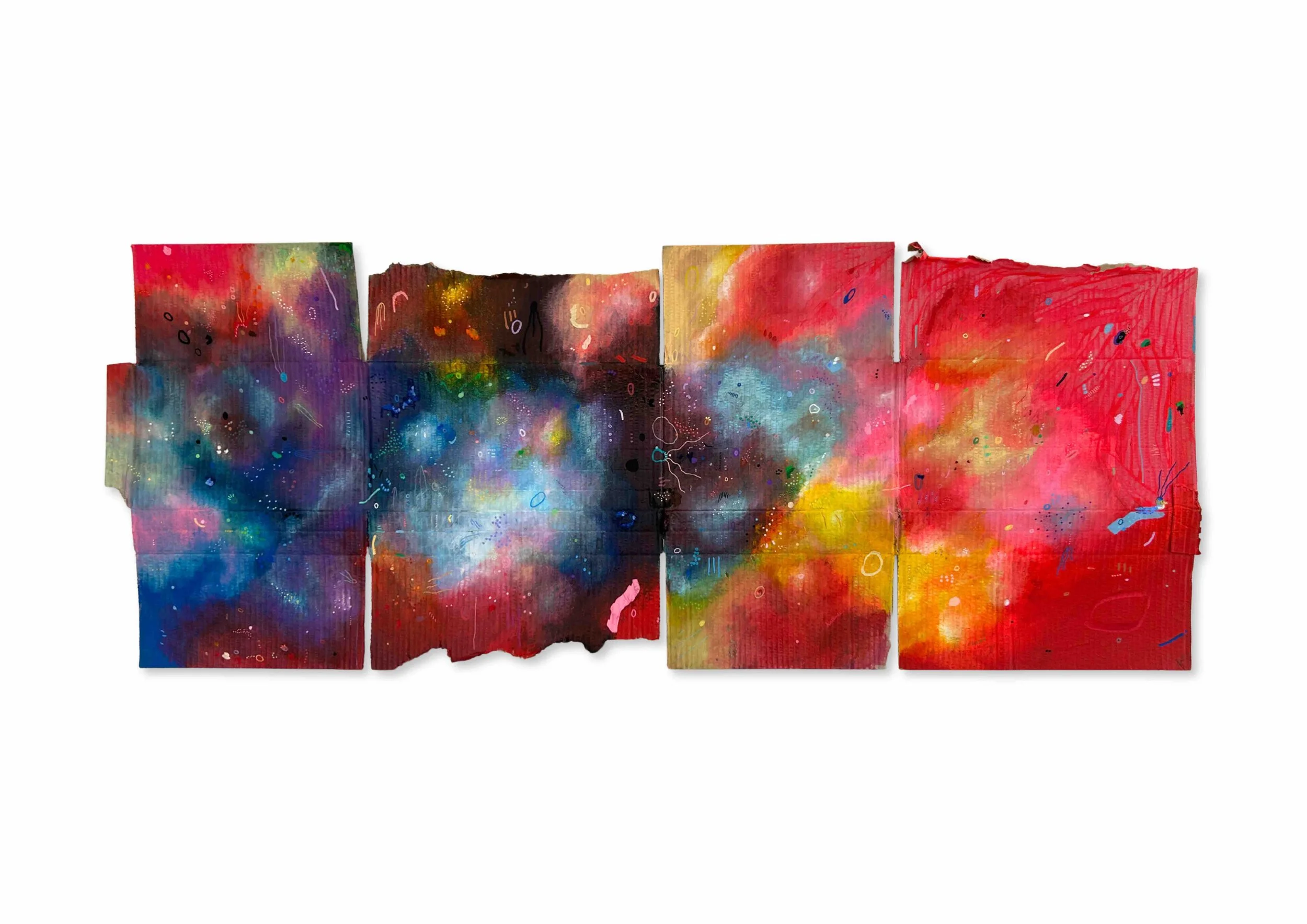Abstract painting on recycled cardboard with layered colors, contrasting dark and luminous areas