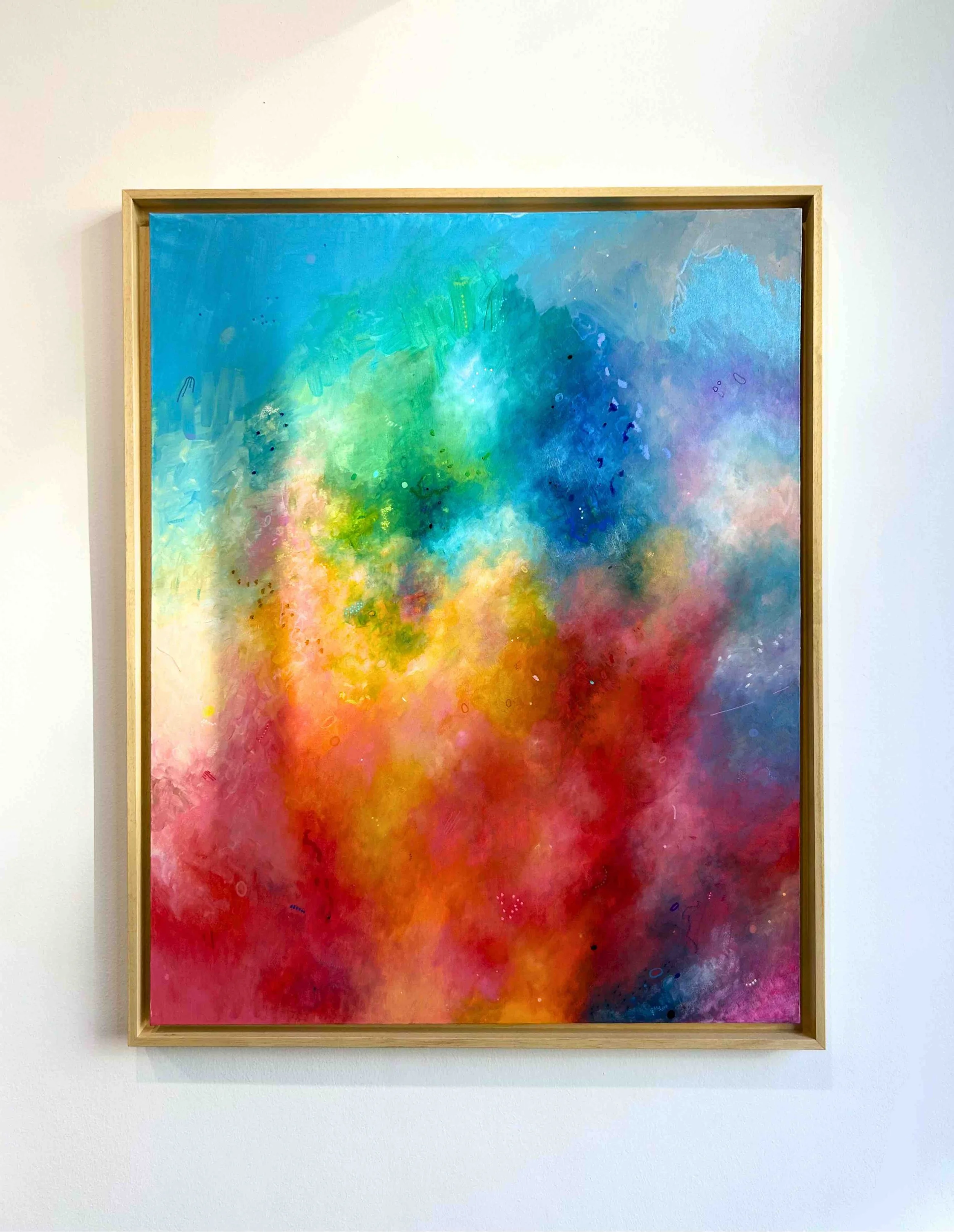 Abstract painting in gouache and acrylic with layered textures, blending warm reds, yellows, and cool blue tones