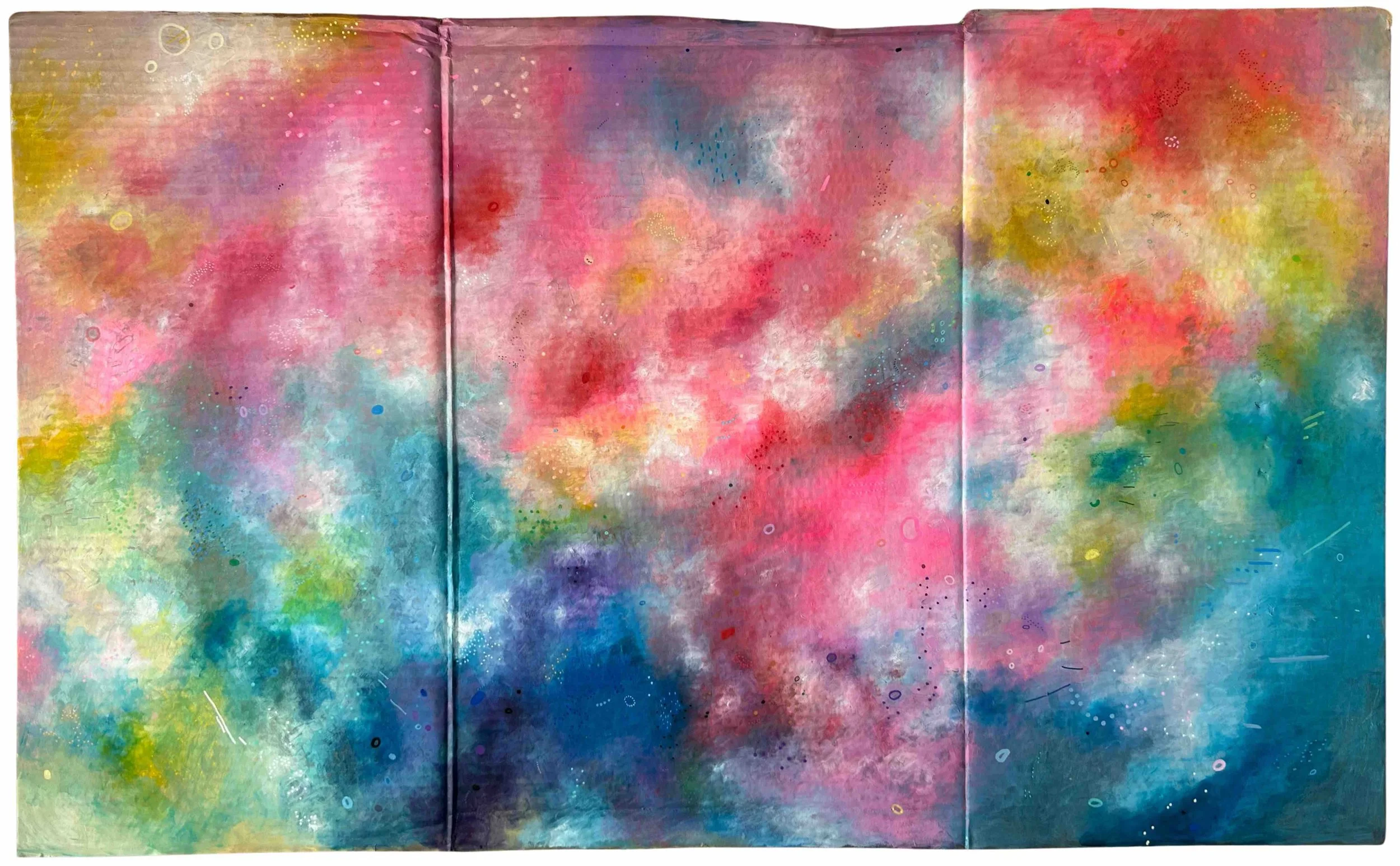 Abstract painting on recycled cardboard with layered colors and textured, luminous surfaces