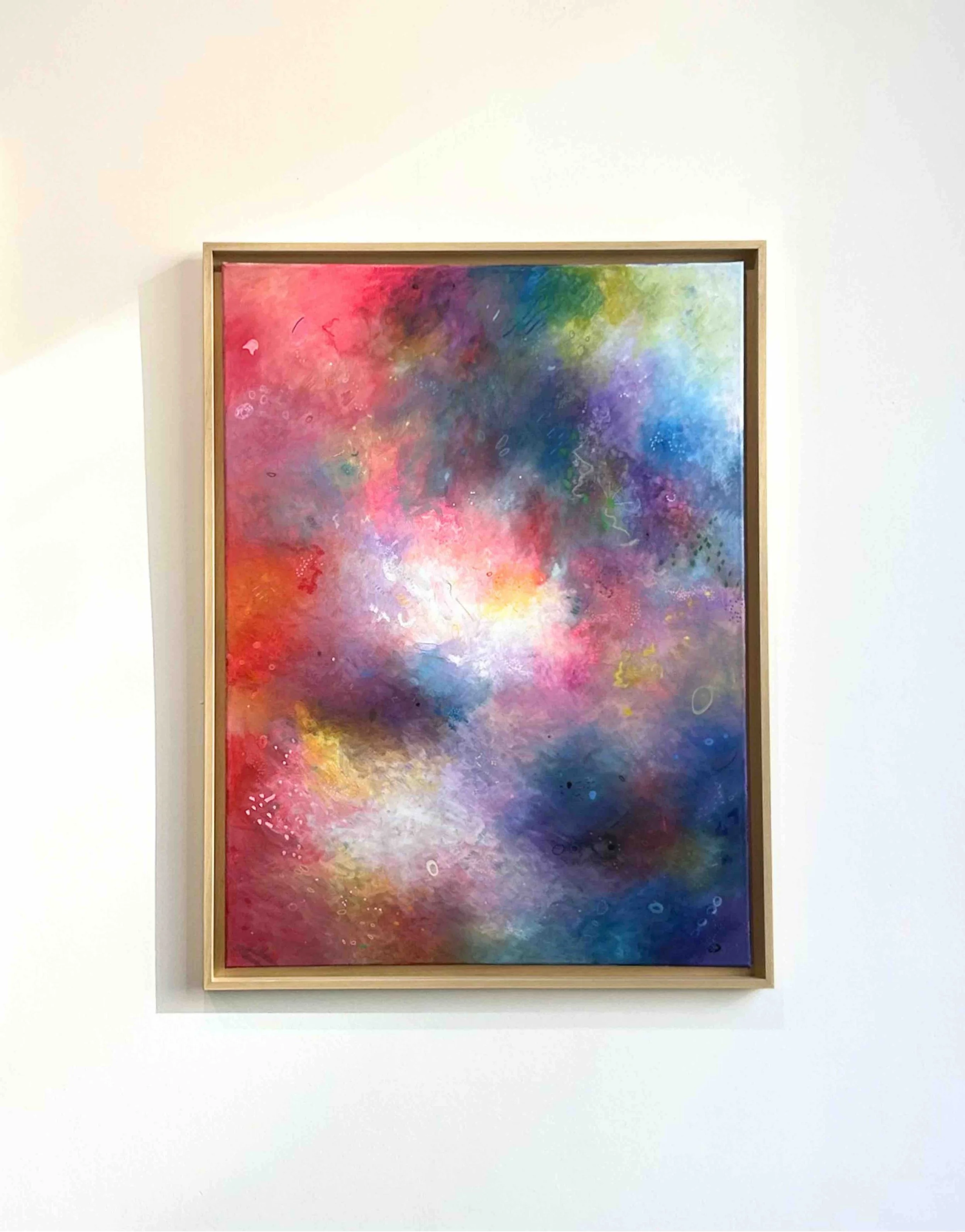Abstract painting with layered gouache and acrylic, featuring a luminous center surrounded by deep color contrasts