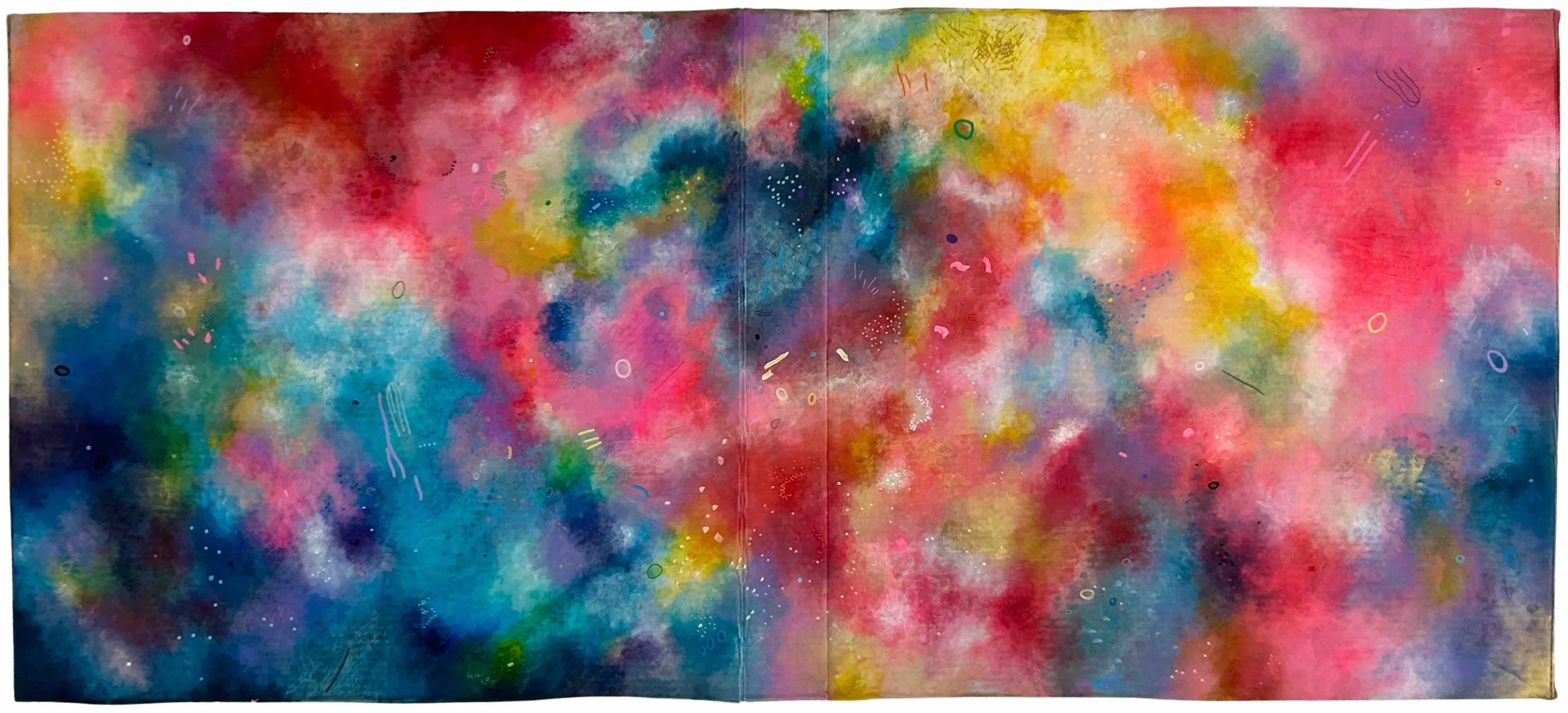 Abstract painting on recycled cardboard with layered colors and textured, luminous surfaces