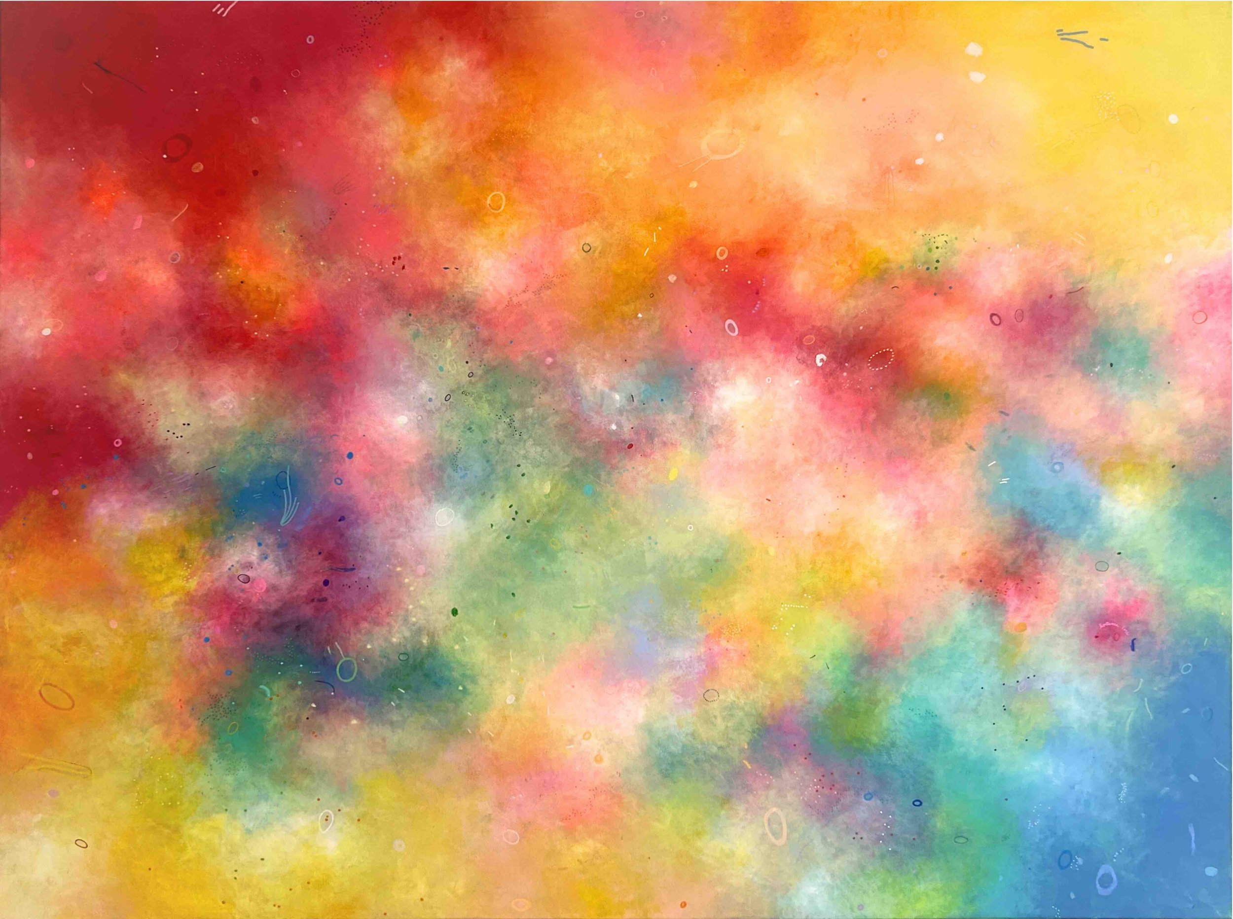 Abstract painting with layered gouache and acrylic, vibrant colors and luminous, cloud-like textures