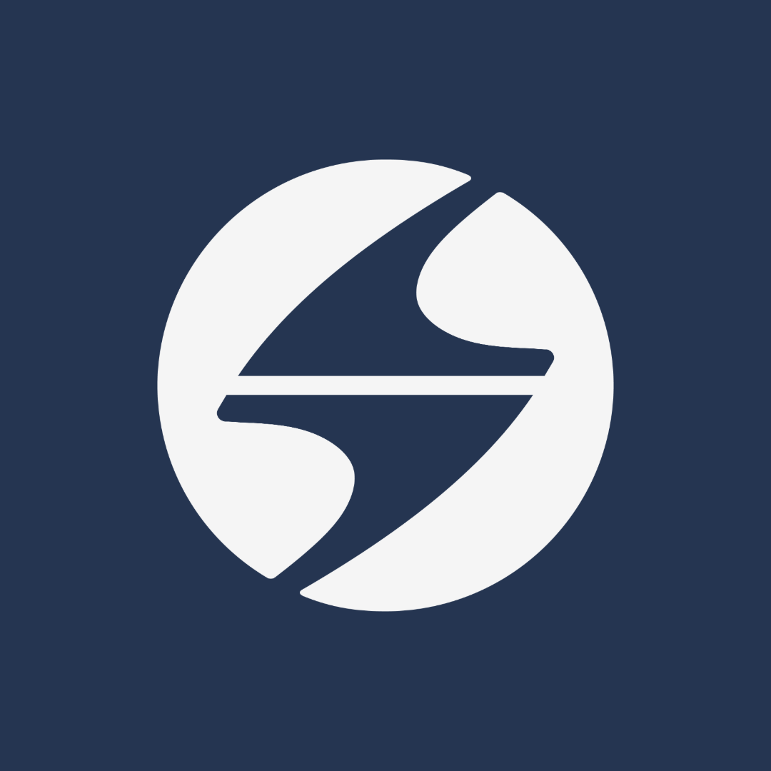 A stylized logo of a sailboat inside a circular shape with abstract white and dark blue sections on a dark blue background.