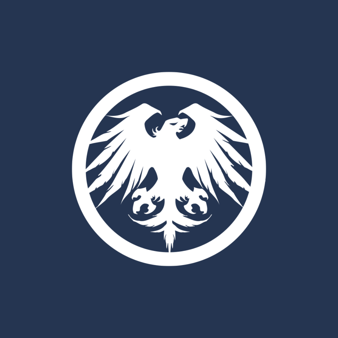 White emblem of an eagle with spread wings inside a circle on a dark blue background.