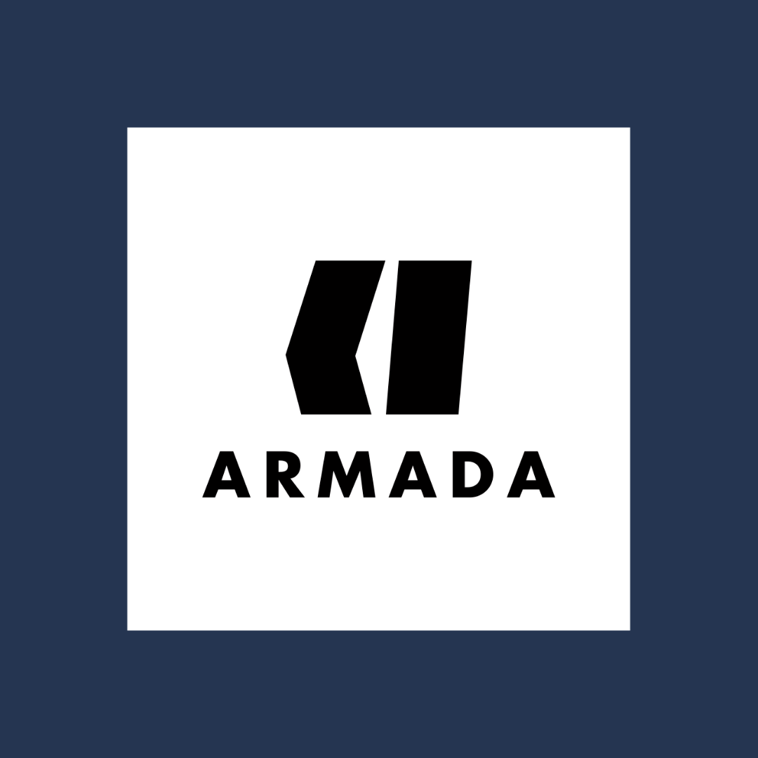 Black logo with quotation marks above the word 'ARMADA' on a white background, surrounded by a dark blue border.