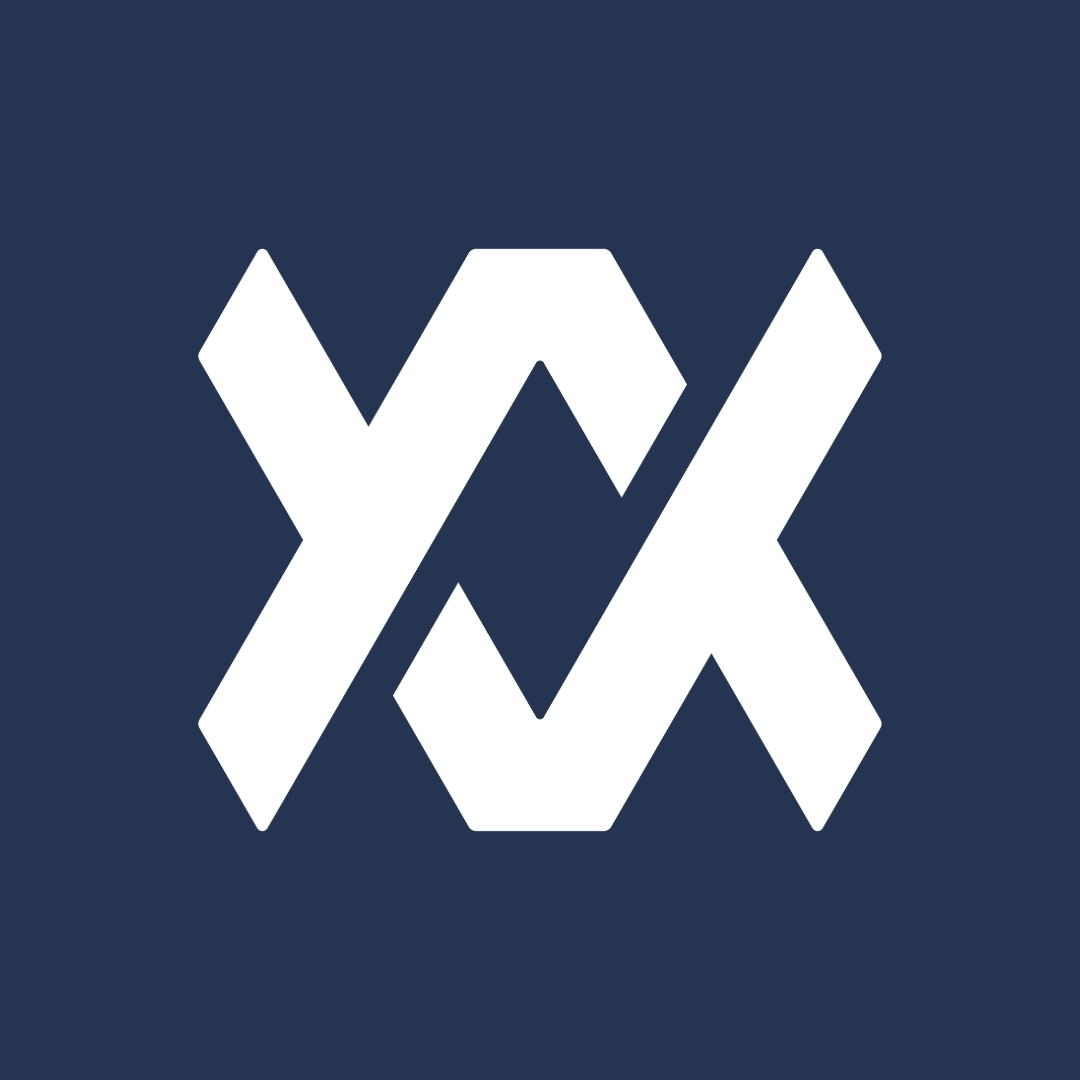 A stylized, white, geometric logo resembling interconnected angular shapes on a dark blue background.