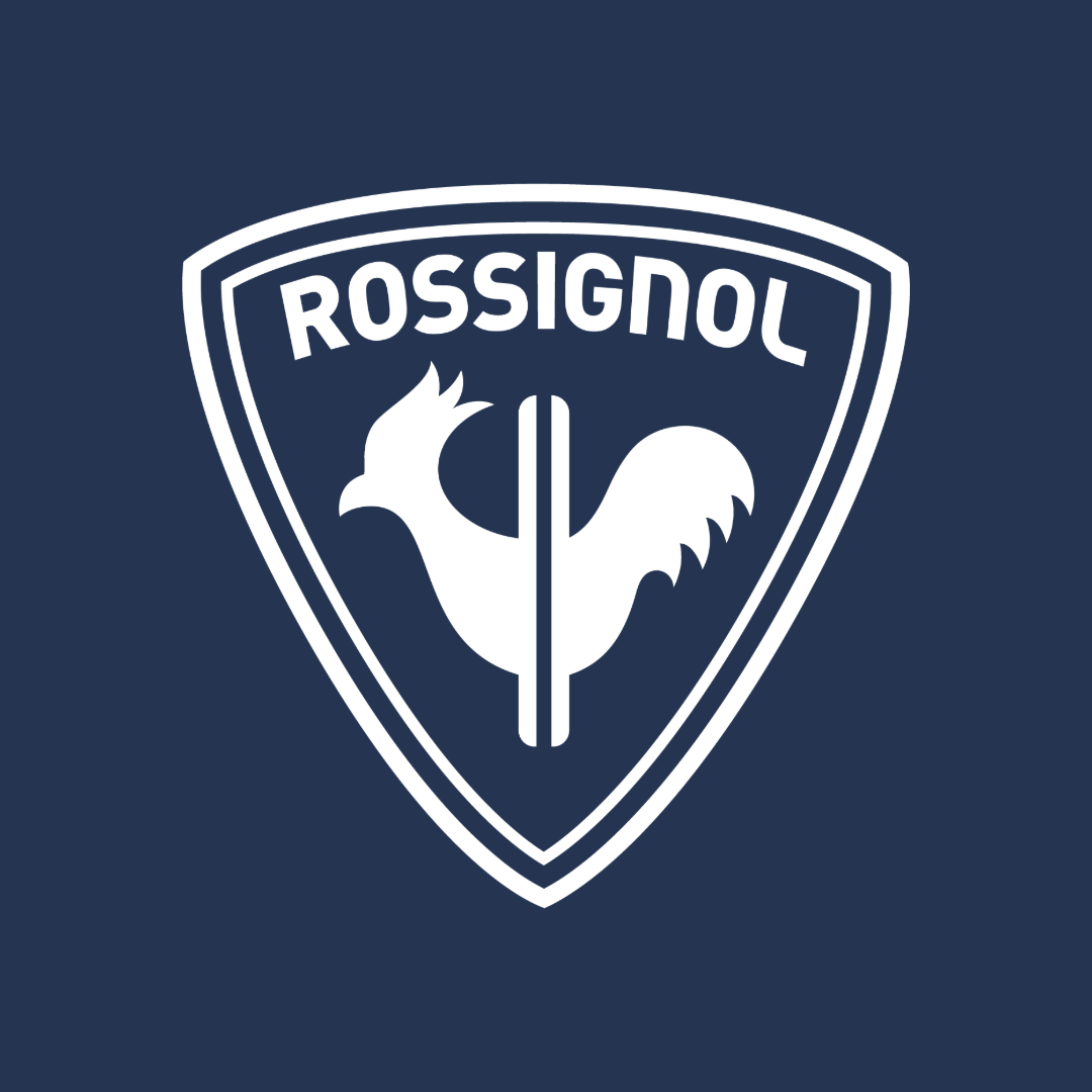 Rossignol logo featuring a stylized rooster within a shield shape.