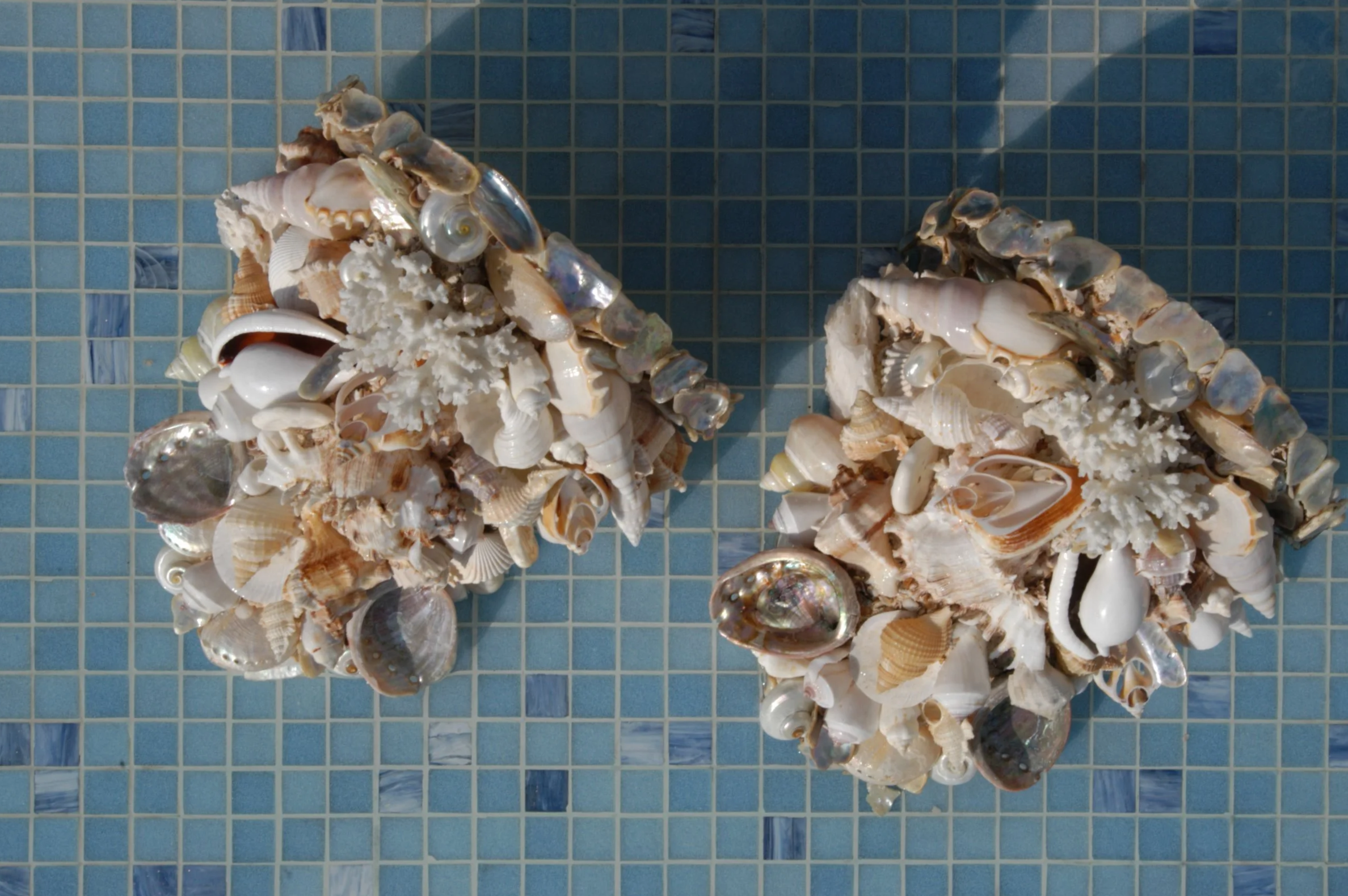 Two custom wall sconces adorned with carefully selected seashells and abalone shells. 