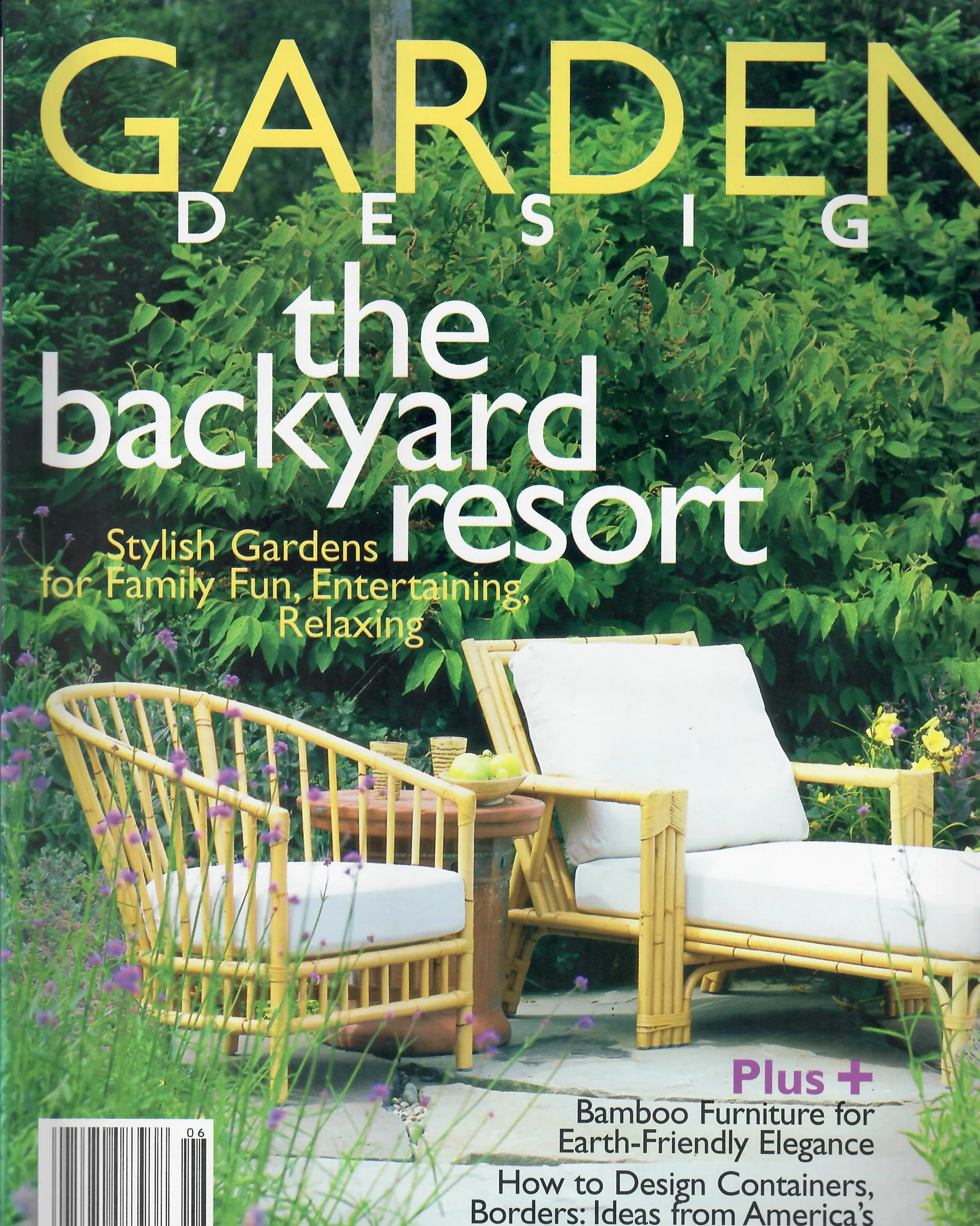 Magazines or books display outdoor bamboo furniture amidst greenery, with text highlighting garden design, stylish gardens for family fun and outdoor relaxation, and earth-friendly elegance.