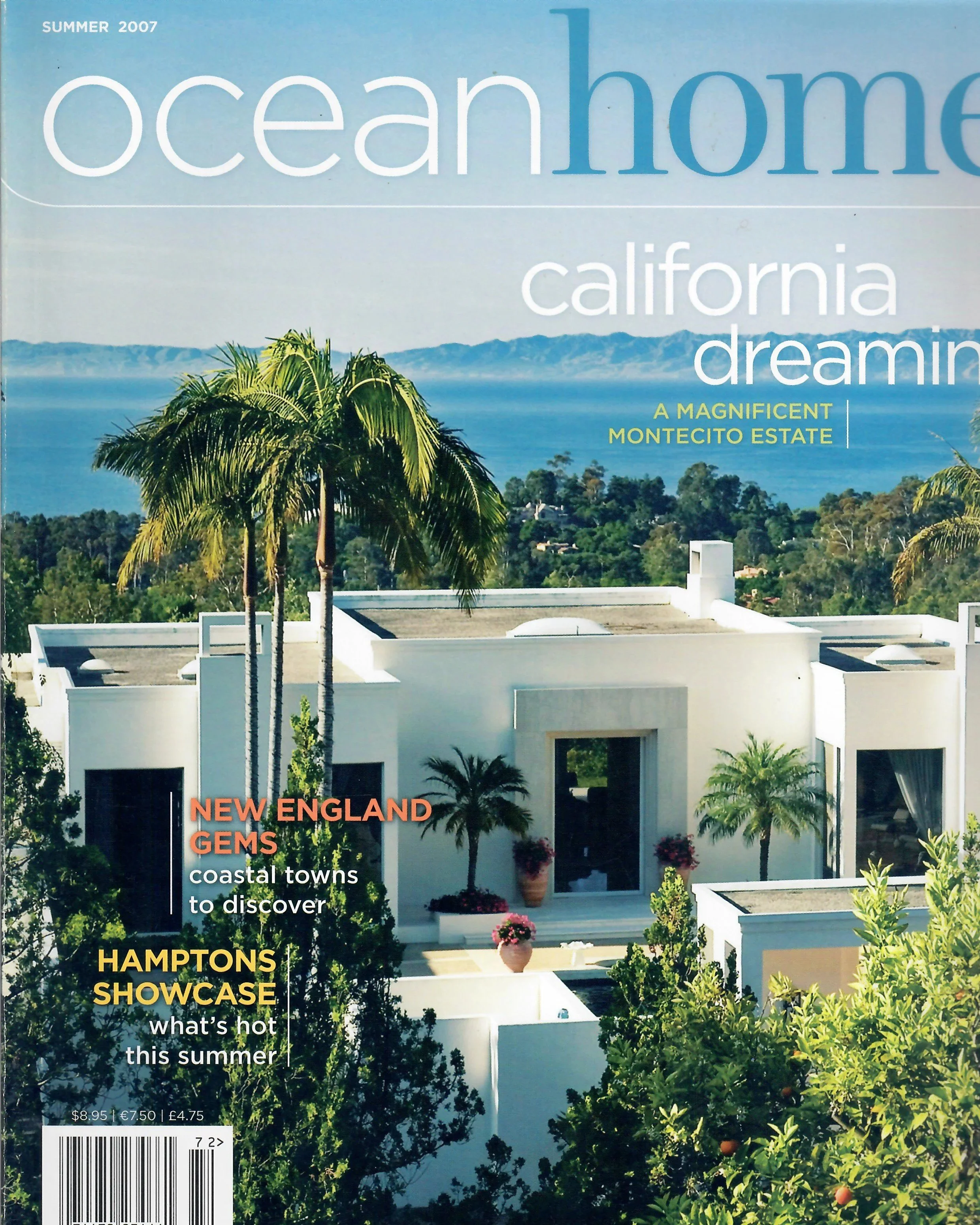 Cover of Ocean Home magazine summer 2007 issue featuring a coastal scene with white modern houses, palm trees, and mountain in the background, with the headline about seaside towns and luxury showcase.