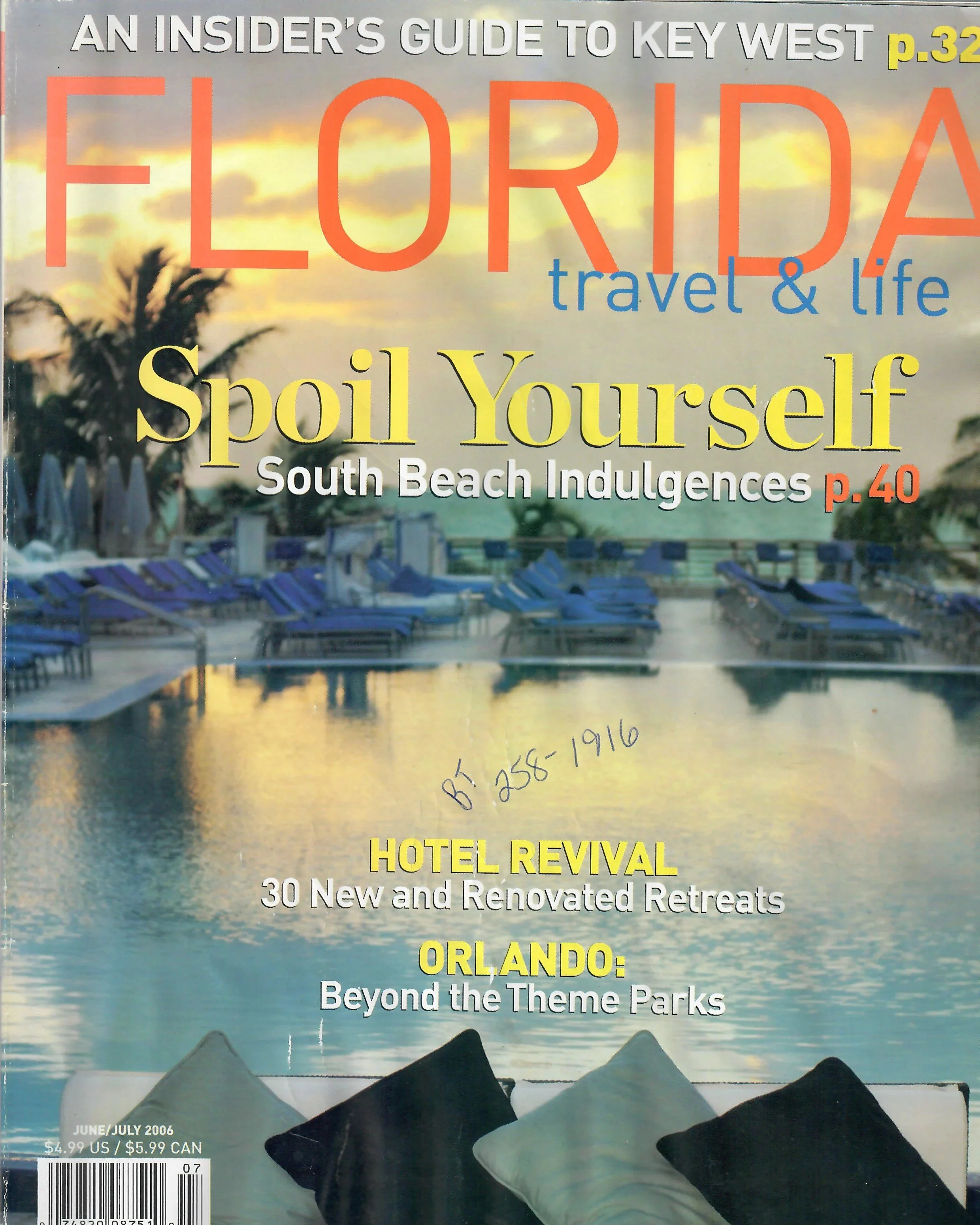 Magazine cover titled "An Insider's Guide to Key West, Florida" with a beach scene of lounge chairs along the water at sunset, palm trees in the background, and various headlines about travel and retreats in Orlando and South Beach.