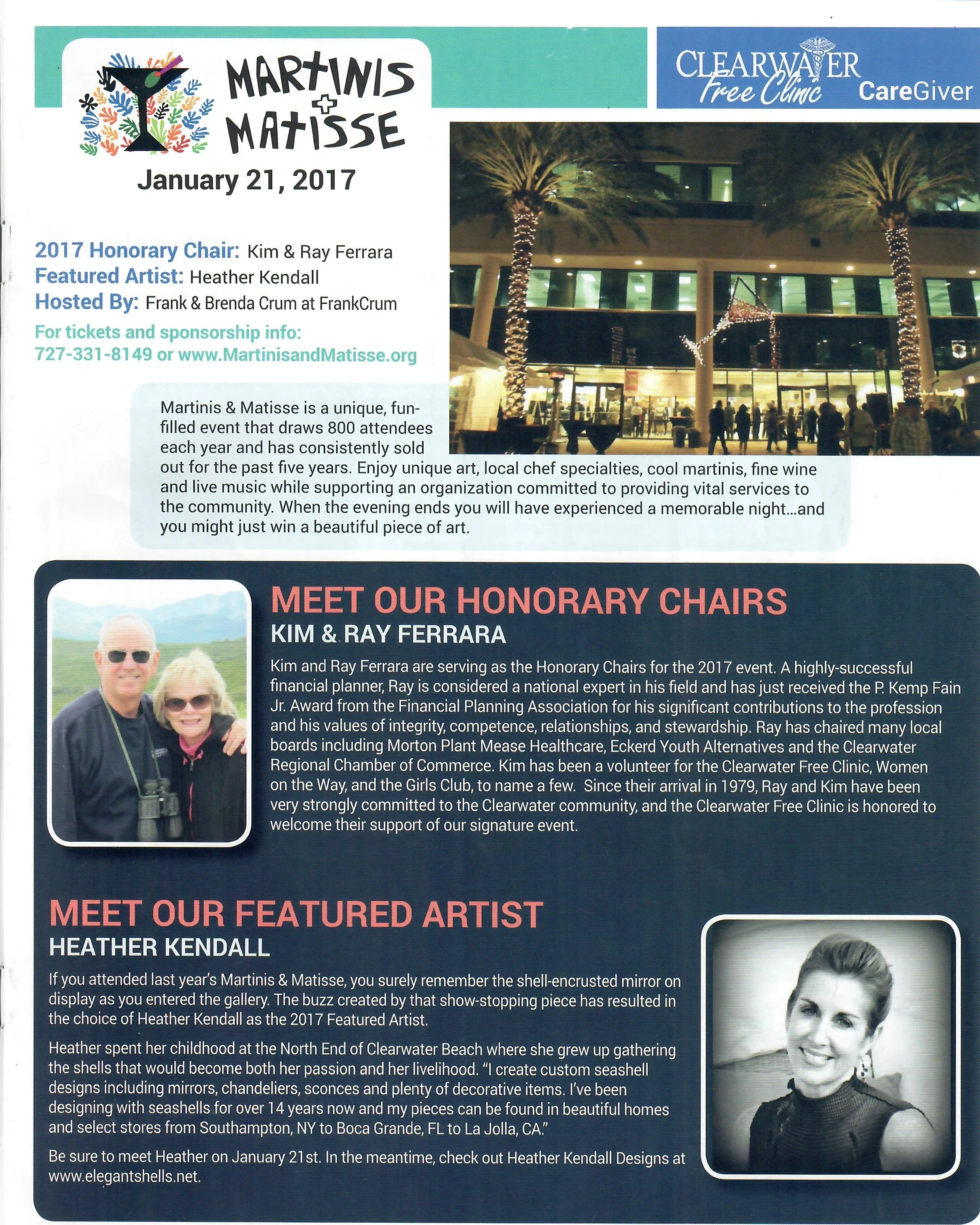Event flyer for Martinis and Matisse, held on January 21, 2017, at Clearwater Free Clinic. The flyer features a colorful martini glass logo with handprints, details about honorary chairs Kim and Ray Ferrara, sponsored by CareGiver, and information ab
