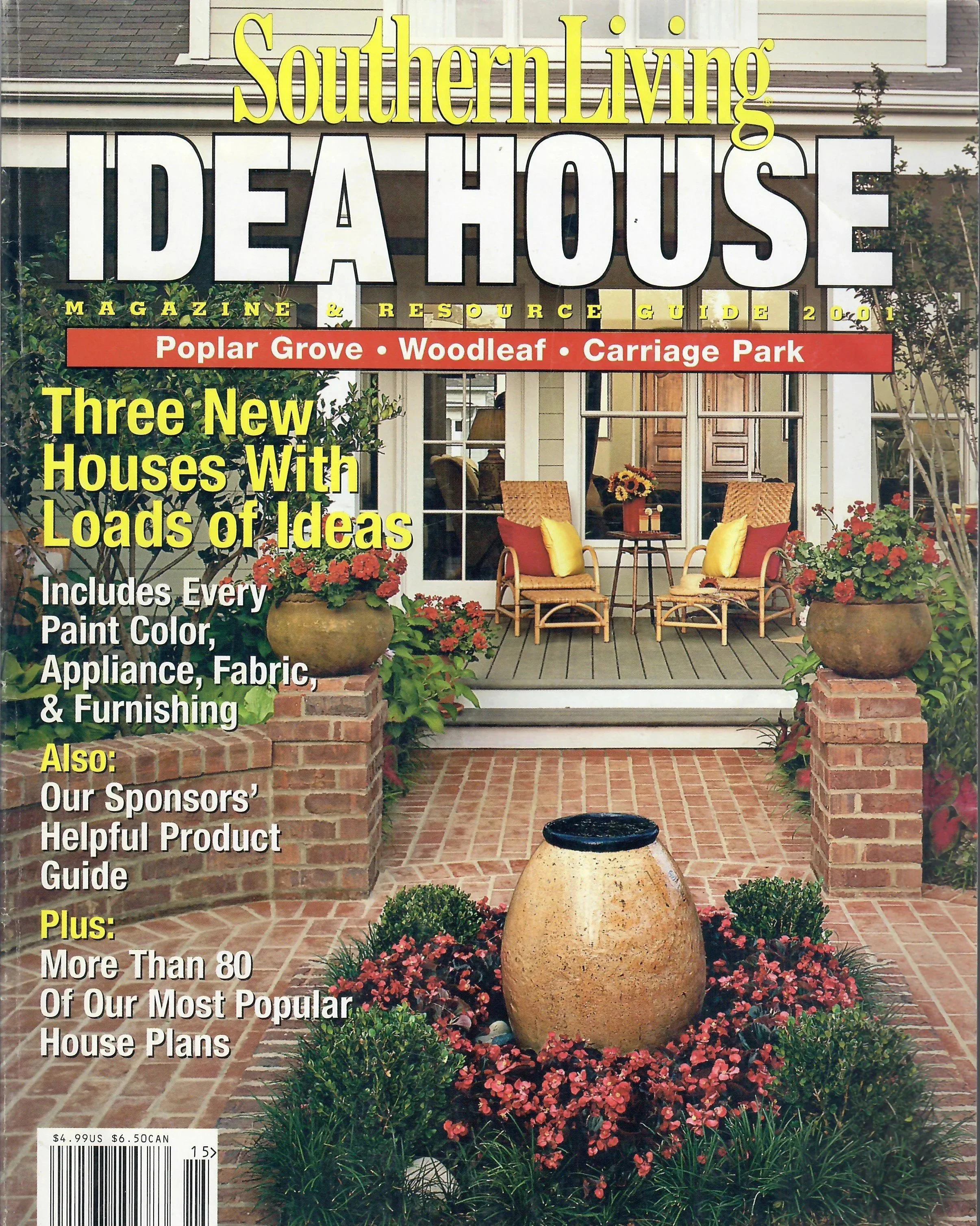 Cover of Southern Living magazine featuring a porch with a brick floor, two potted bushes, a large ceramic vase, and a garden bed with flowers. Text on the cover highlights house ideas, paint colors, appliances, fabrics, and house plans.