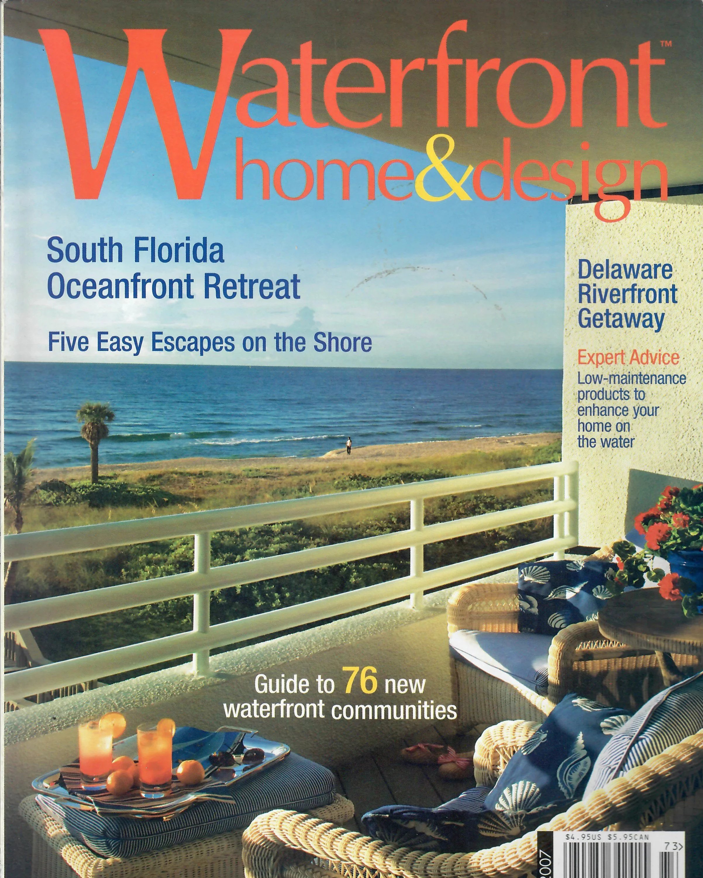Magazine cover featuring a waterfront view with wicker chairs, a table with candles and decorative items, and a railing overlooking the ocean. The article headline promotes a guide to 76 new waterfront communities in South Florida.