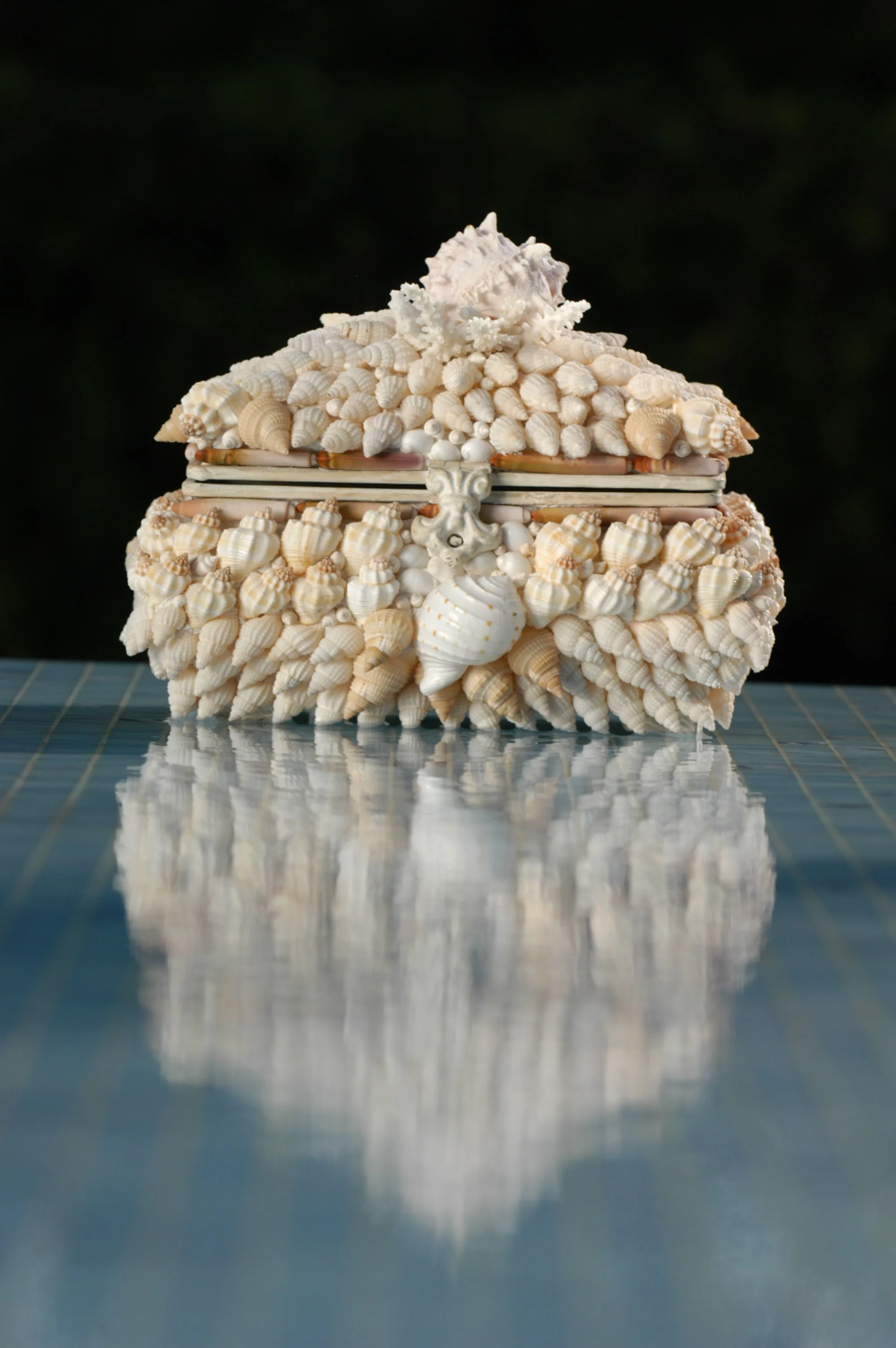 A decorative box covered with white seashells topped with a large seashell and a dollop of white coral.
