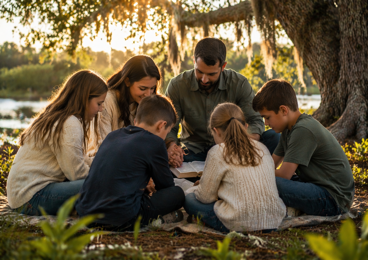 A family of seven sitting on a blanket under a tree by a lake, reading a book together during sunset.