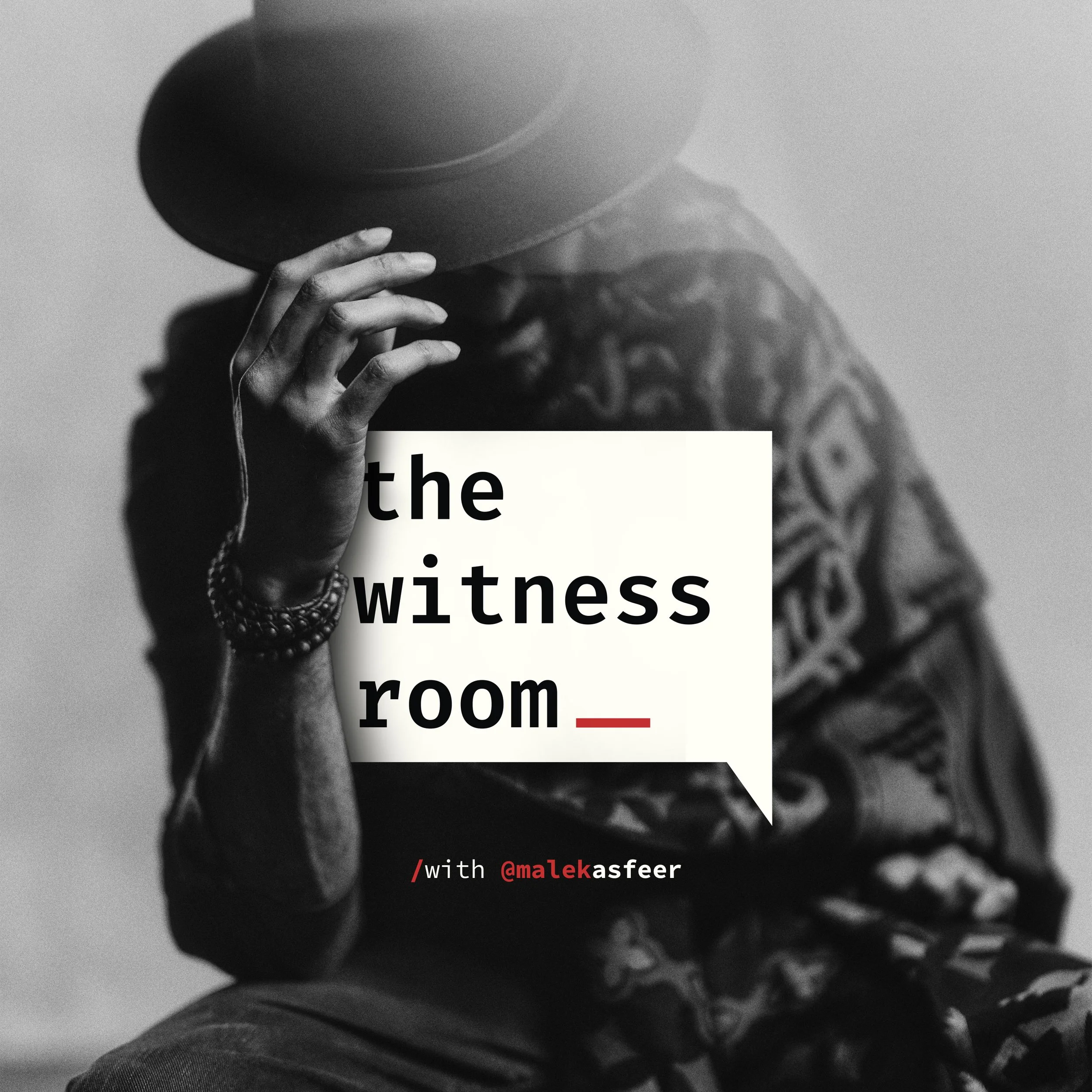 A person holding a black hat in front of their face, with featured text saying "the witness room" and a subtitle indicating an interview with @malekasfeer.