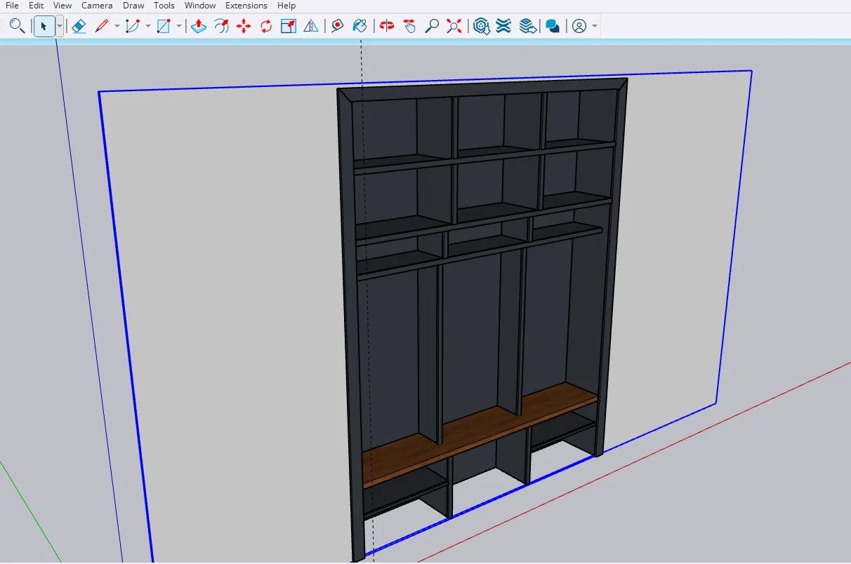 A 3D model of a black wooden shelving unit with multiple compartments and a brown wooden bench between two sections.