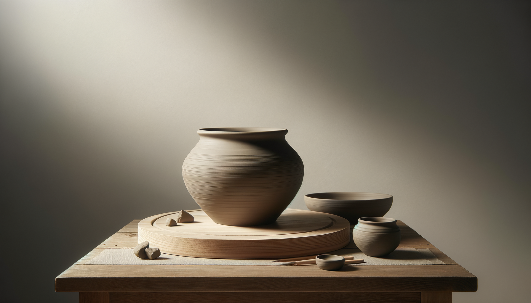 Various pottery items, including a large vase, bowls, and small containers, arranged on a wooden table with soft lighting.