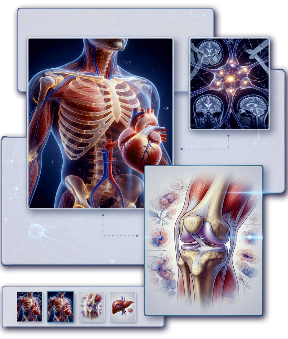 Illustration of human anatomy showing the skeletal system, heart, and nervous system, with additional images of a brain scan and knee joint anatomy.