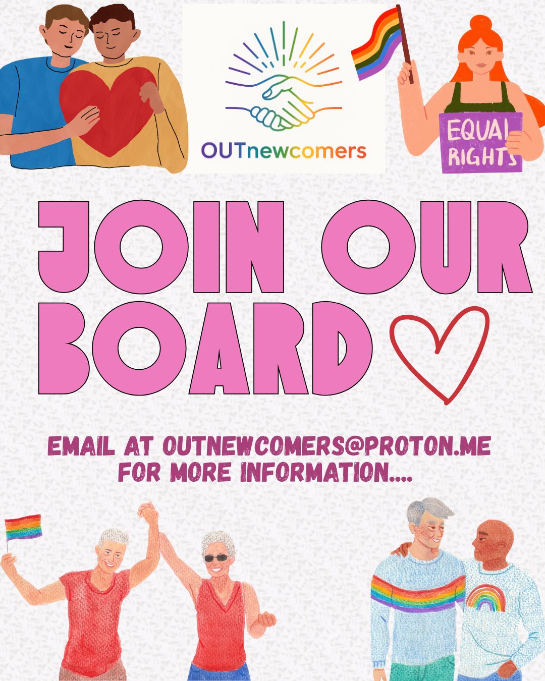 A colorful pride-themed poster inviting people to join a support and advocacy group for LGBTQ+ newcomers, featuring illustrations of diverse individuals celebrating and holding rainbow pride flags.