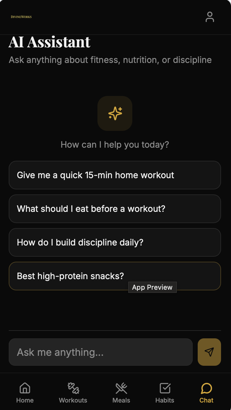 Mobile app interface for AI fitness assistant with options for quick workouts, meal advice, discipline, and snacks.