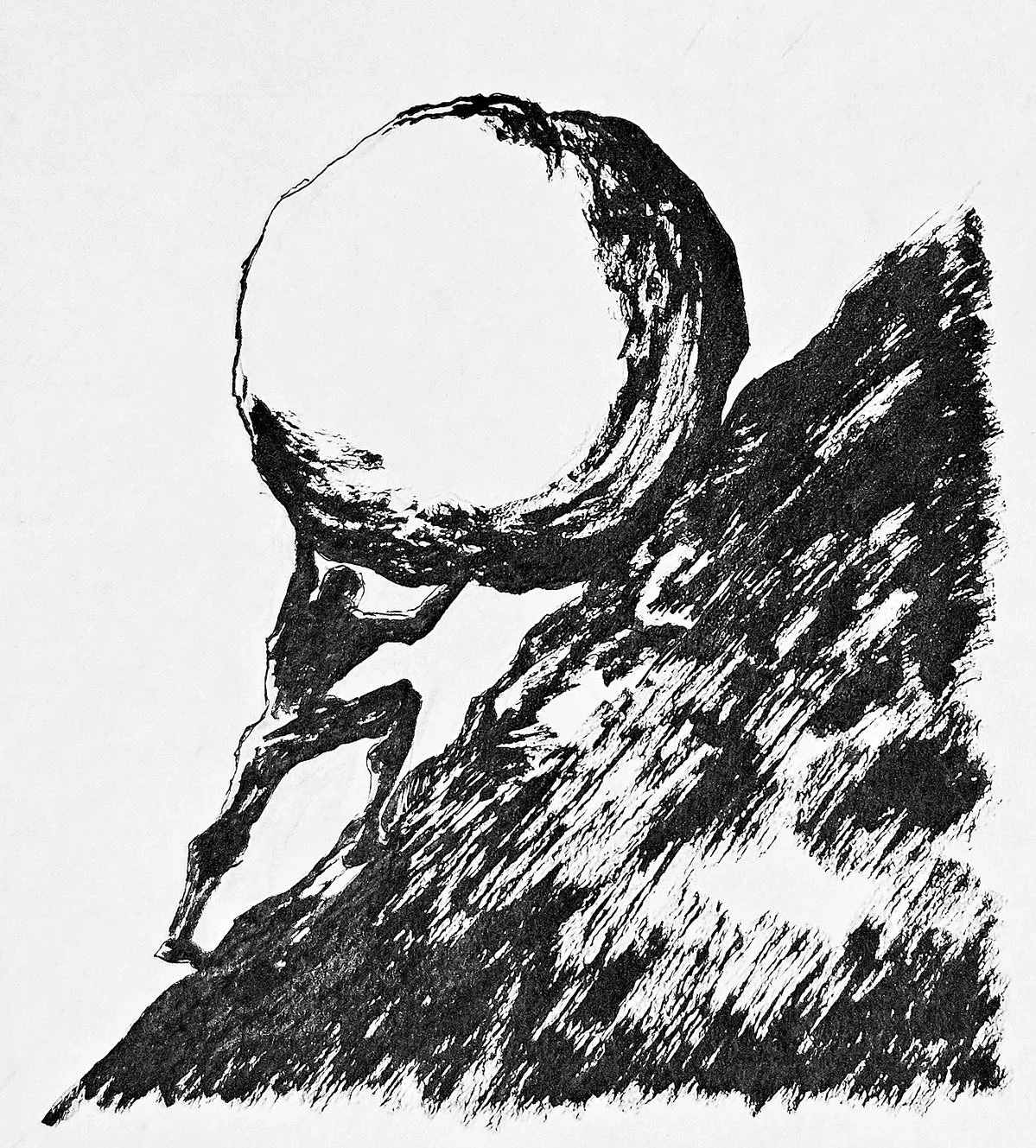 Black and white ink drawing of a person with their hand on their chin, head tilted downward, in a contemplative pose, with bold cross-hatching shading.