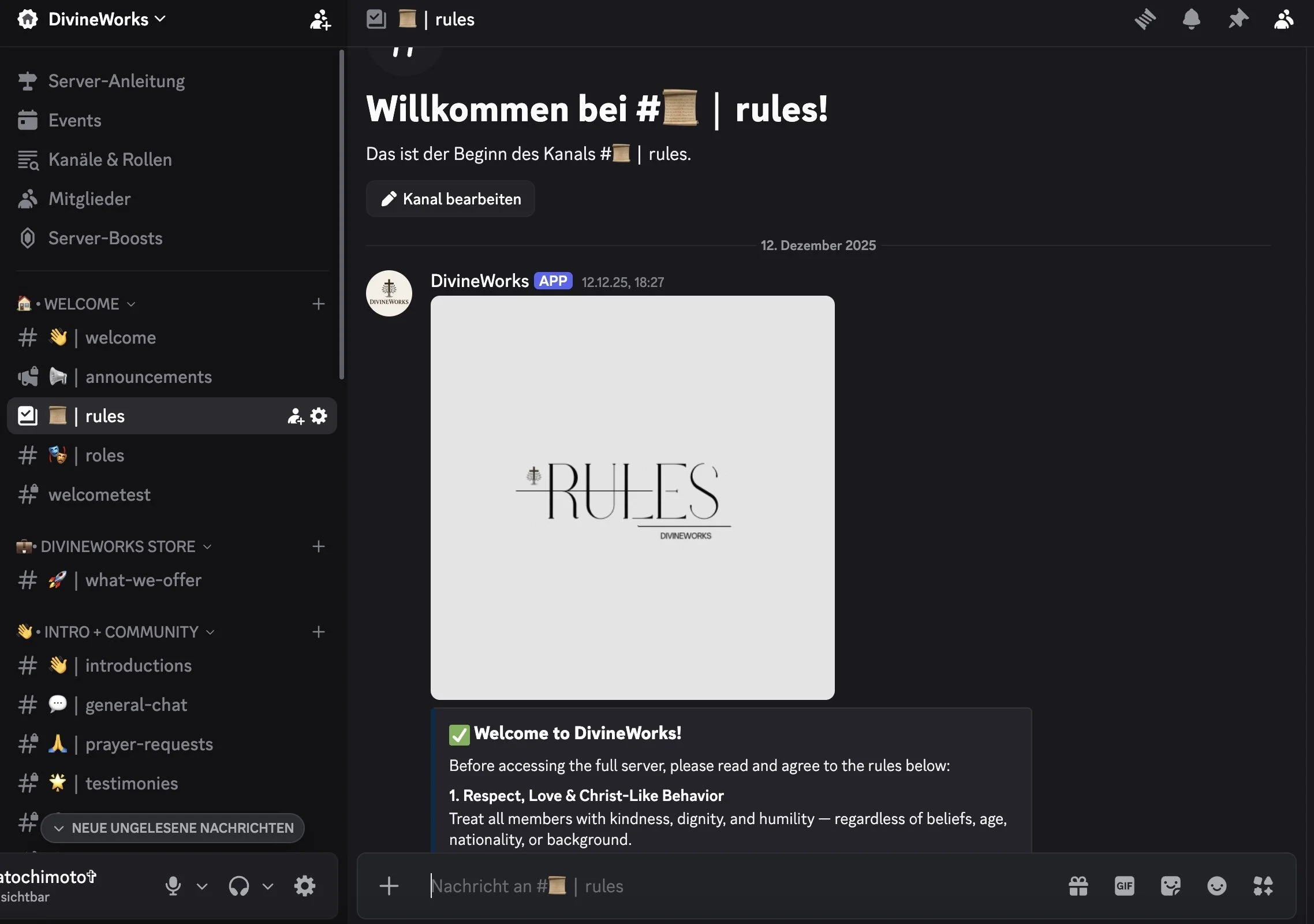 Screenshot of a Discord server named "DivineWorks" showing a channel called "rules," with a discussion about server guidelines, including a post with a graphic that says "RULES."