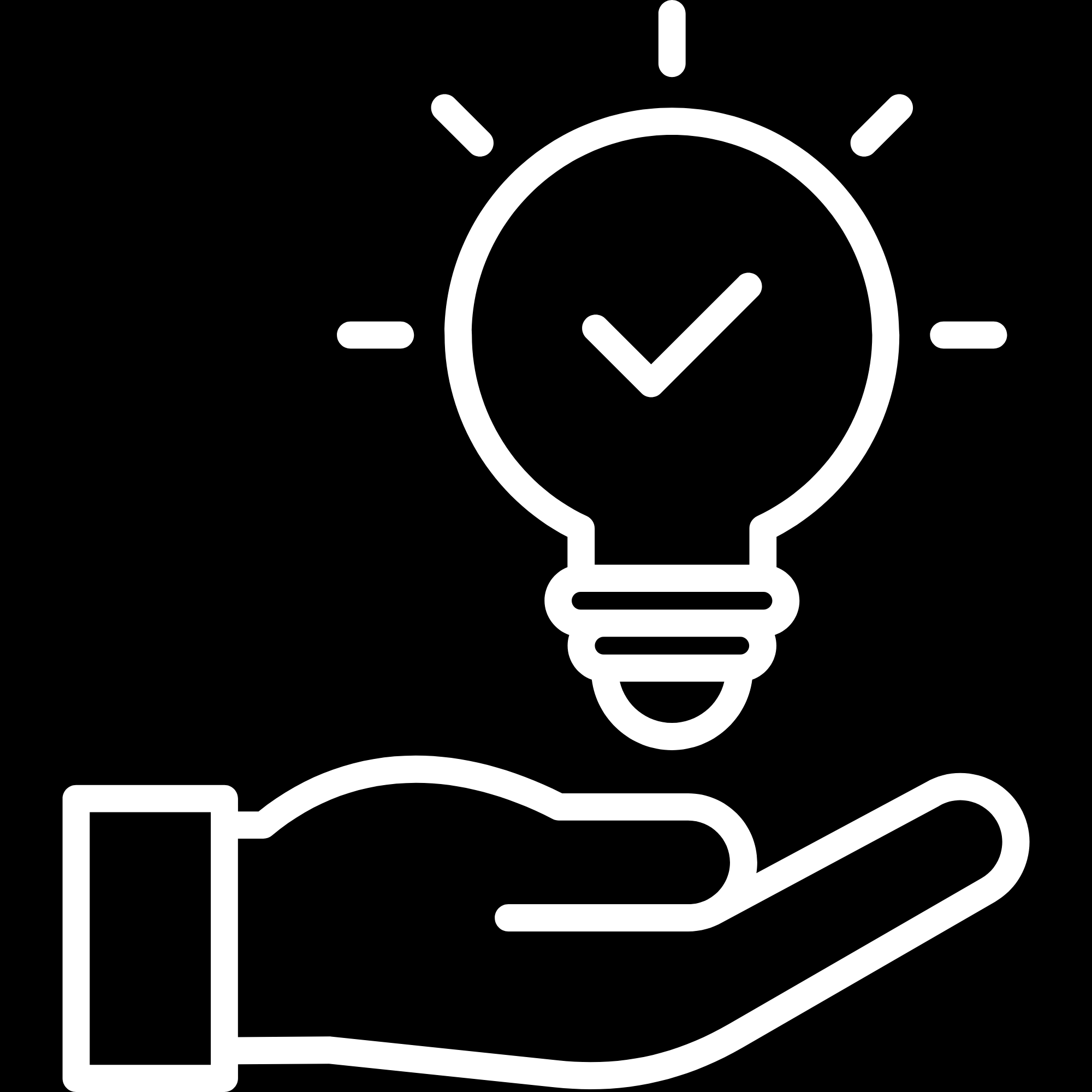 A minimalist black and white line drawing of a hand holding a light bulb with a check mark inside, representing a successful idea or solution.