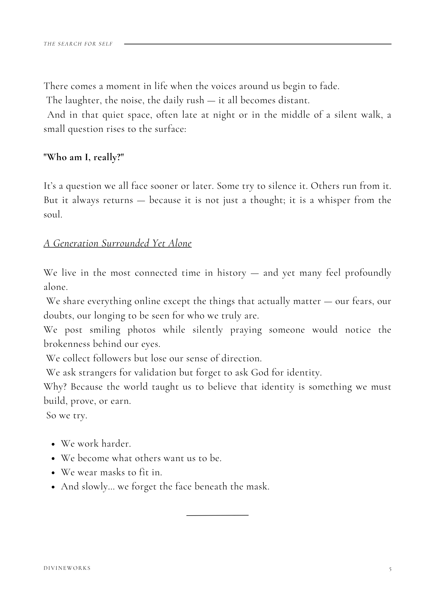Page from a book titled "The Search for Self", discussing themes of identity, solitude, and authenticity, with a focus on the modern digital age and the importance of real connection.