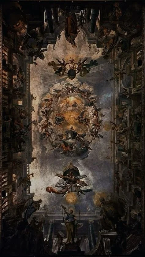 Baroque-style ceiling fresco depicting angels, clouds, and divine figures with ornate architectural framing.