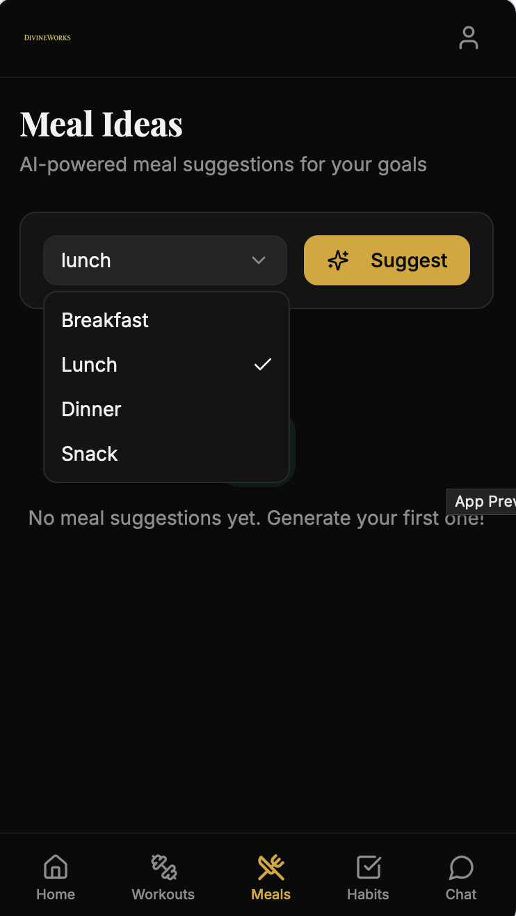 Screenshot of a mobile app interface showing meal suggestions with options for breakfast, lunch, dinner, or snack, and a 'Suggest' button.