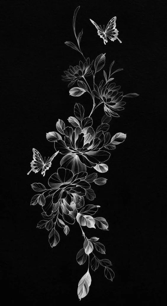 Black and white illustration of a vertical arrangement of flowers with leaves and two butterflies.