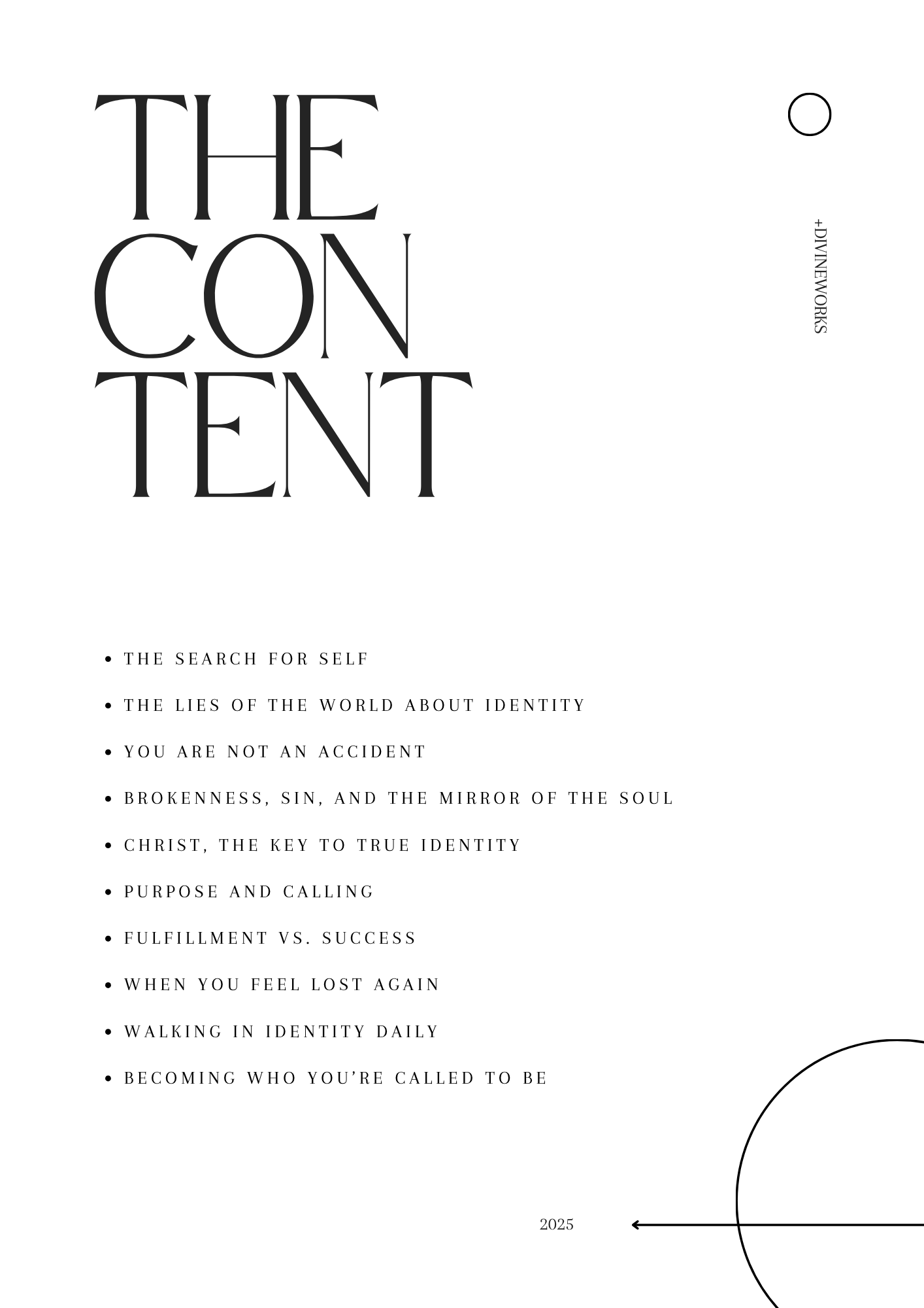 Cover page titled 'The Content' with a list of topics related to self-identity and spiritual growth, featuring black text on a white background with minimalistic design elements.