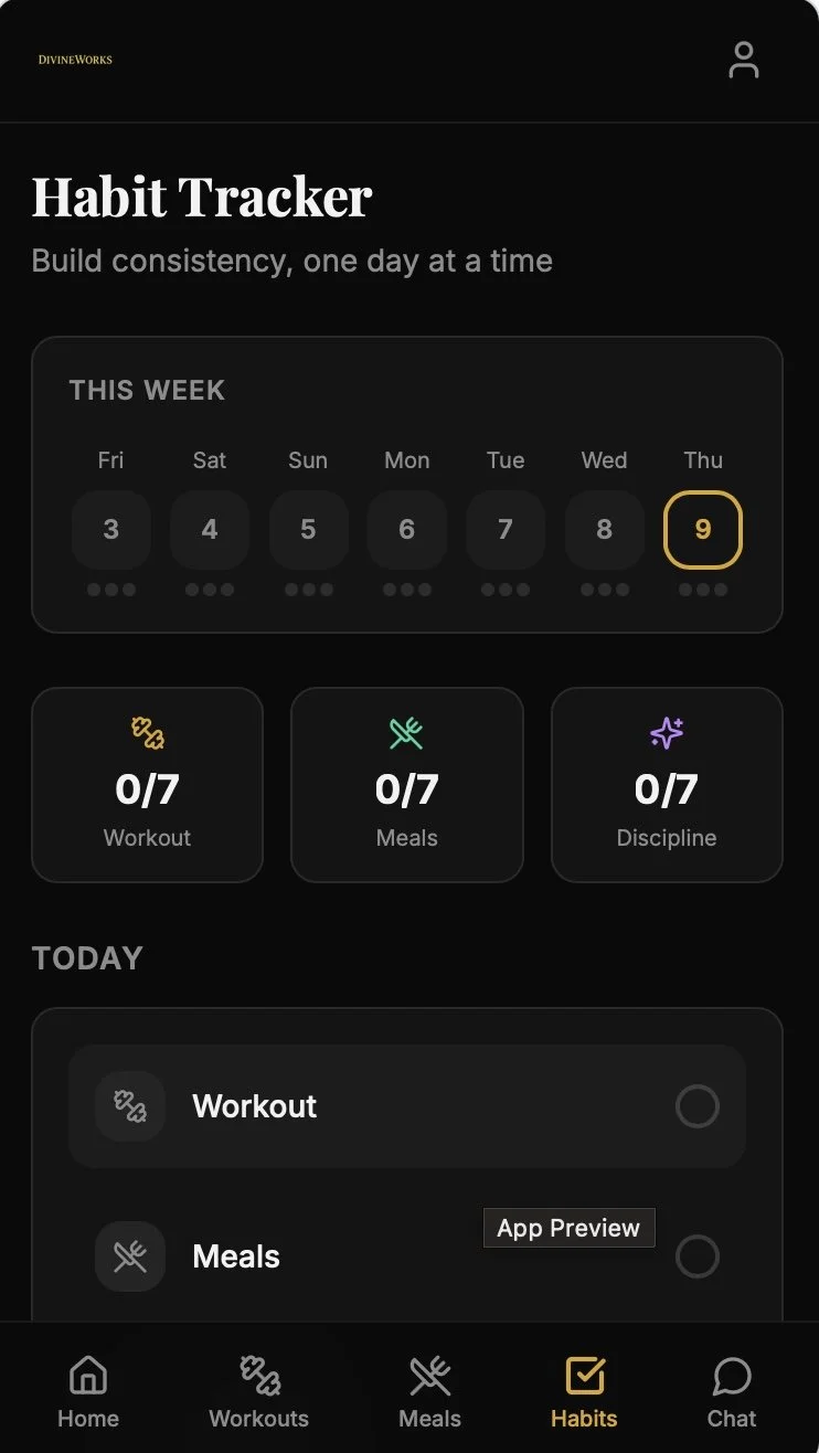 Habit Tracker app interface showing weekly progress with circles for each day, three habit categories with zero completions, and options for workouts, meals, and discipline for today.